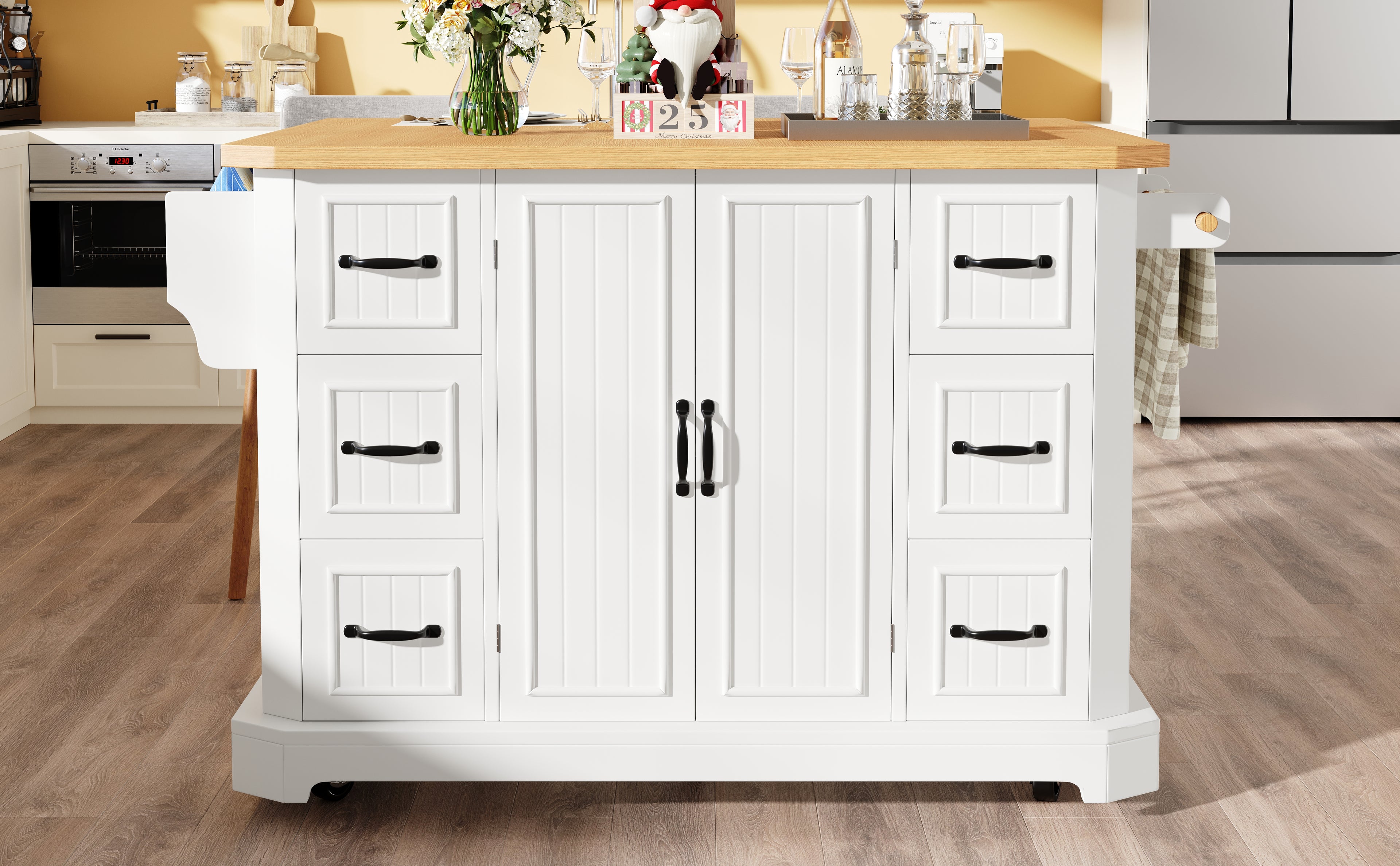 Mobile Kitchen Island Cart on Wheels - Cabinet with 2 Doors & 6 Drawers, Adjustable Width 45-75cm, White/Black
