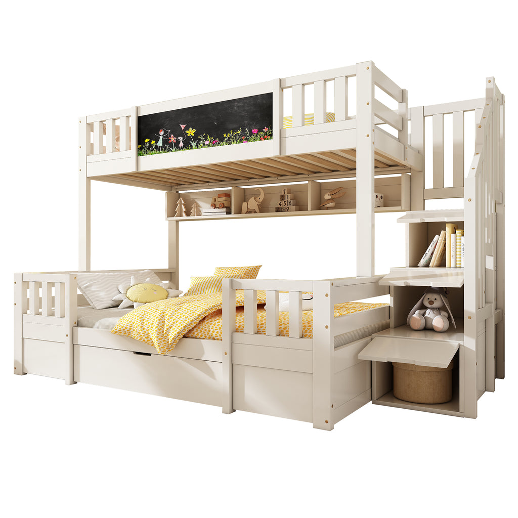 Bunk Beds for Kids, Staircase Bunk with Drawers and Chalkboard, Children's Bed with Storage Space, Double Bunk Bed for Family with Multiple Children, (90+135) x 190 cm, Solid Wood, White