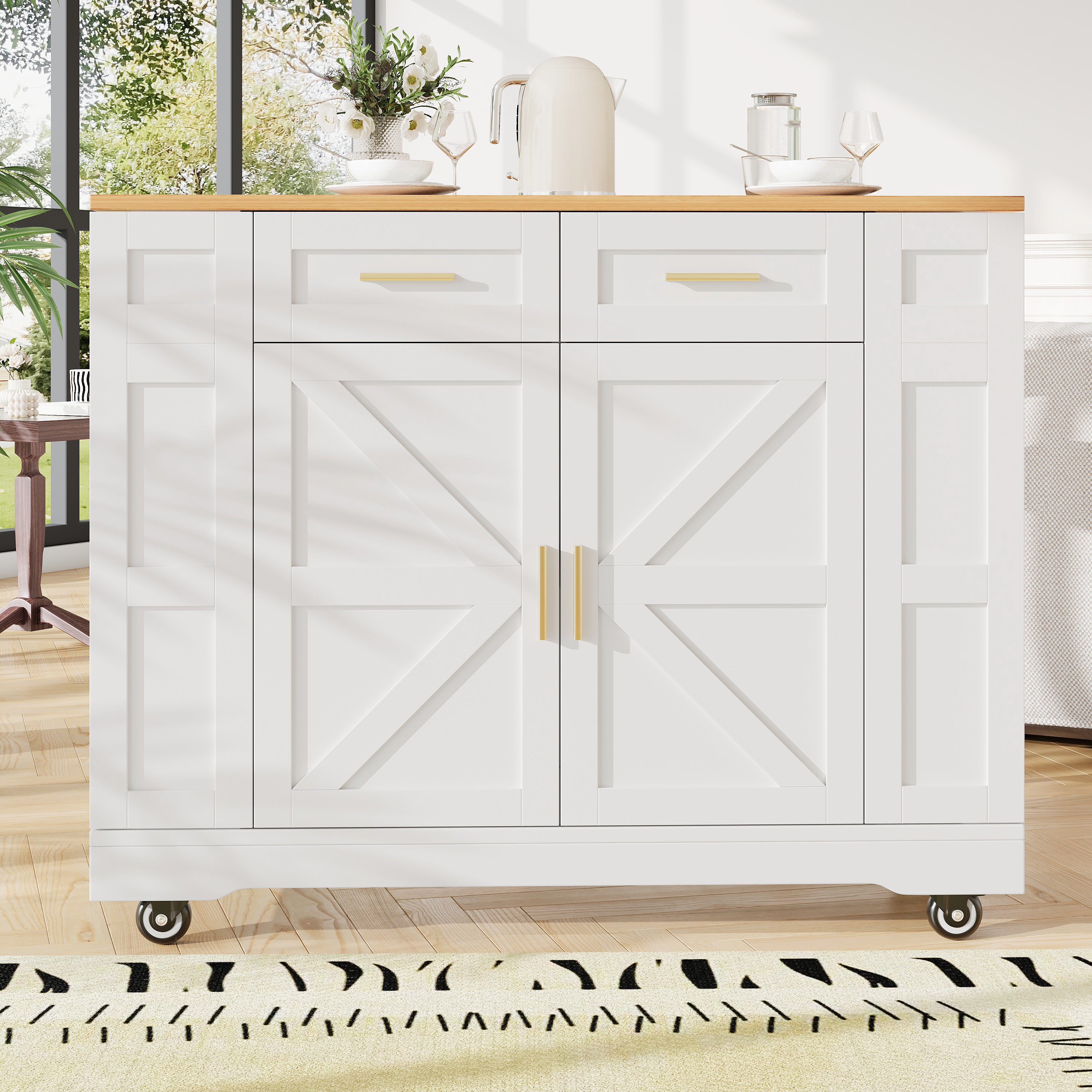 Kitchen Island on Wheels, Rolling Island Cart with 2 Drawers and Double-Sided Storage Racks, Storage Cabinet with Foldable Worktop, Mobile Carts, Portable Trolley for Home and Kitchen, White