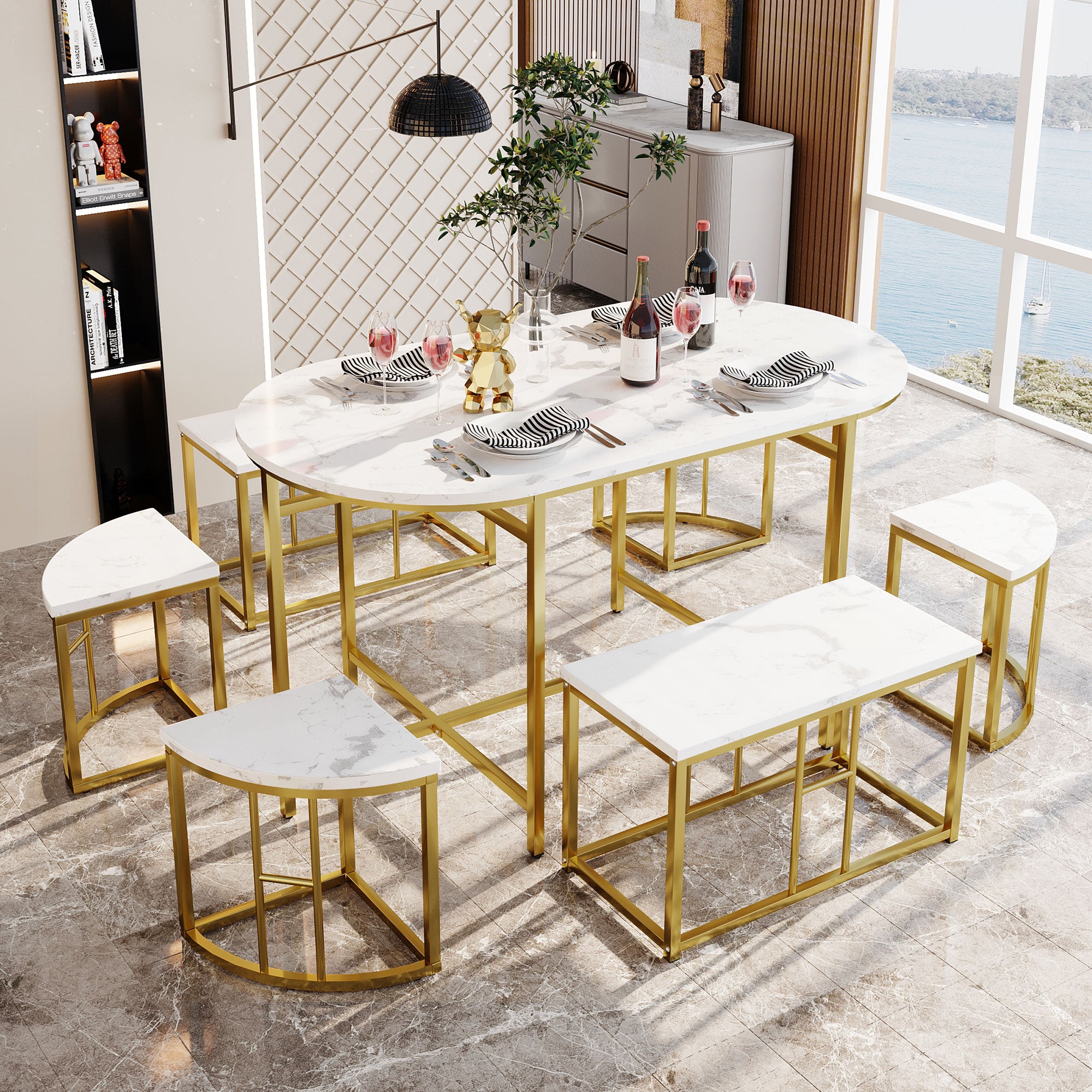Dining room table set with six chairs, Dining group with white MDF seat cushions and gold-plated iron frames, Modern luxury tables and chairs
