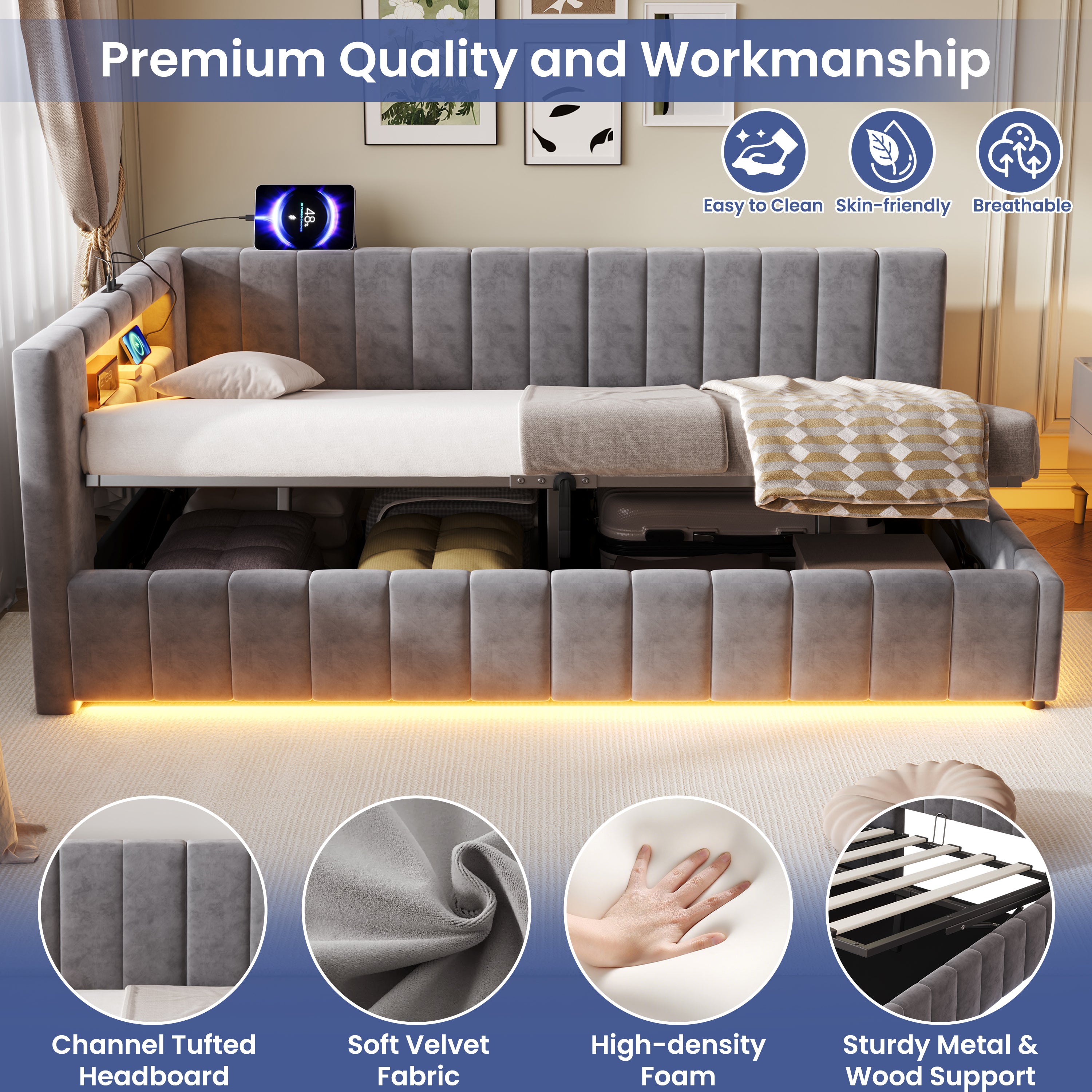 3ft Single Velvet Side Hydraulic Storage Bed with Smart RGB LED Lights & Charging Station, Side Opening Ottoman Bed Frame with Type-C & USB Ports, Channel Tufted, Grey(No Mattress)