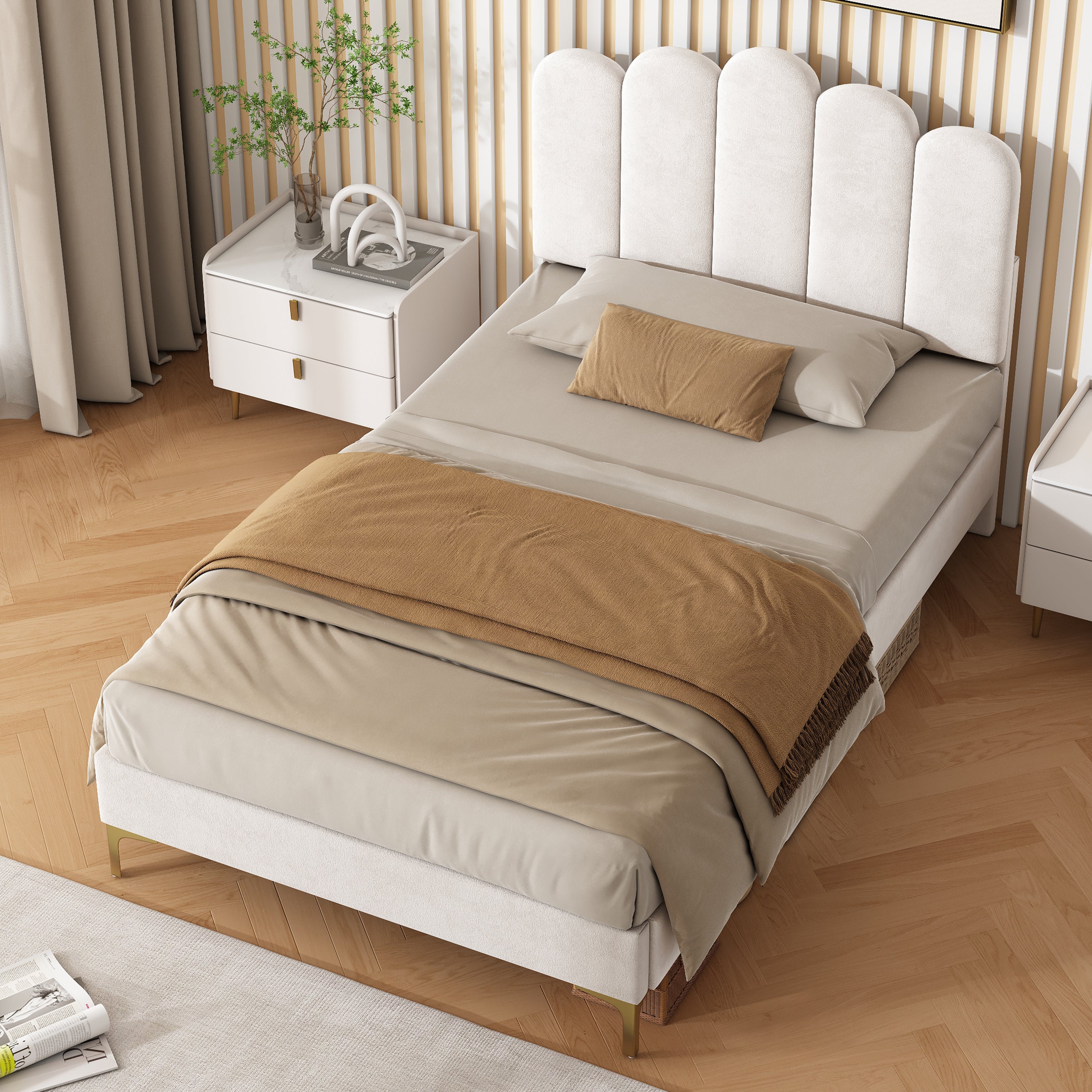 3ft Single  Premium Velvet Upholstered Bed Frame with Scalloped Channel Tufted Design, Height Adjustable Headboard & Gold Metal Feet, Under-bed Storage Space, No Box Spring Needed, Beige (No Mattress)
