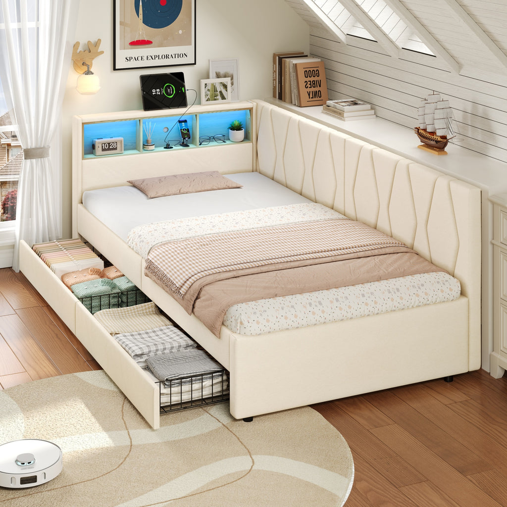 3ft Single Daybed with Two Storage Drawers, LED Modern Bed frame with Charging Station, Linen Sofa Bed for Living Room/ Bedroom/ Study Room, 90X190cm, Easy Assembly, Beige (No Mattress)