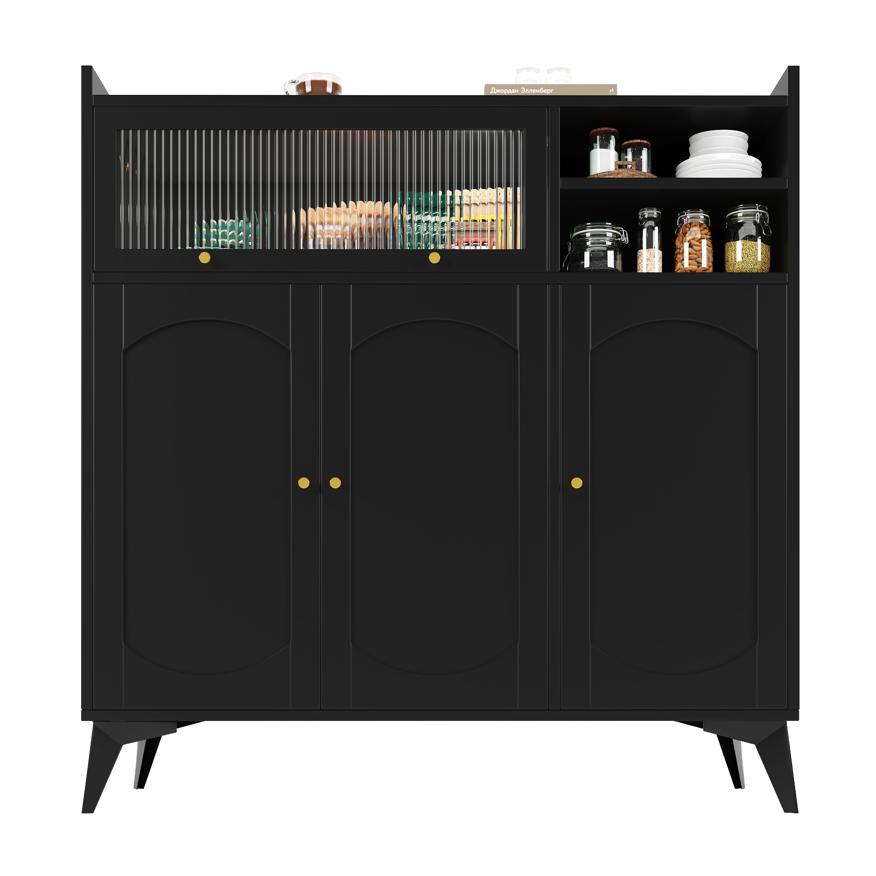 Sideboard (120 x 39.8 x 118.5 cm), modern and sleek black sideboard, large storage space, with glass door and golden handle, multifunctional furniture, suitable for dining room or living room
