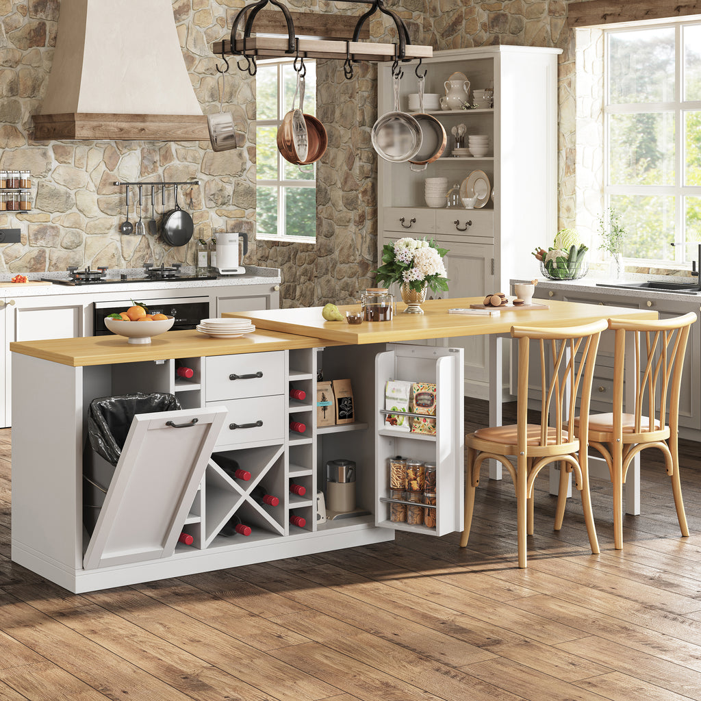 Extendable Sideboard & Dining Table Combo with Wine Rack,  Built-in Trash Bin Compartment and Side Doors with Snack Storage Racks, White