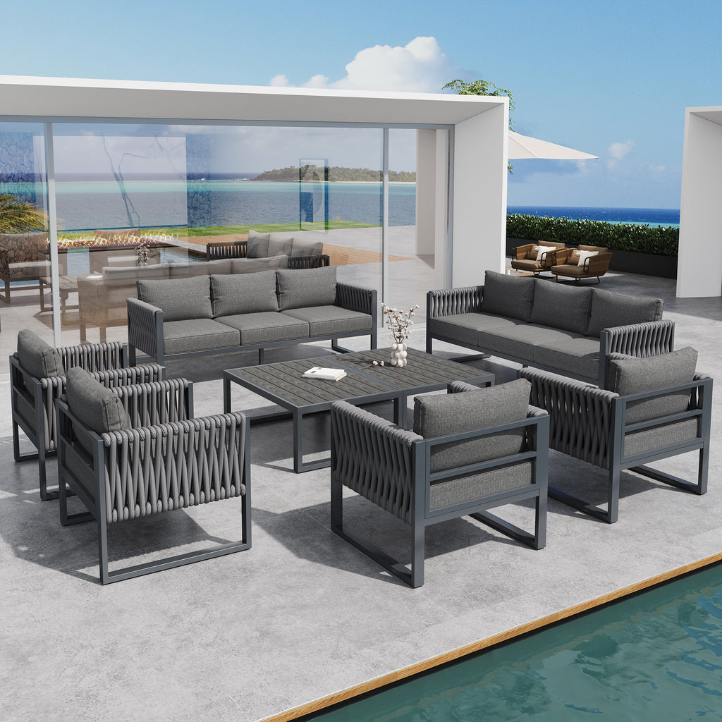 Garden Furniture Set Outdoor Sofa 5-Seater, Garden Lounge Set with Adjustable Feet, Cushions and Stainless Metal Frame for Balcony Terrace, Gray