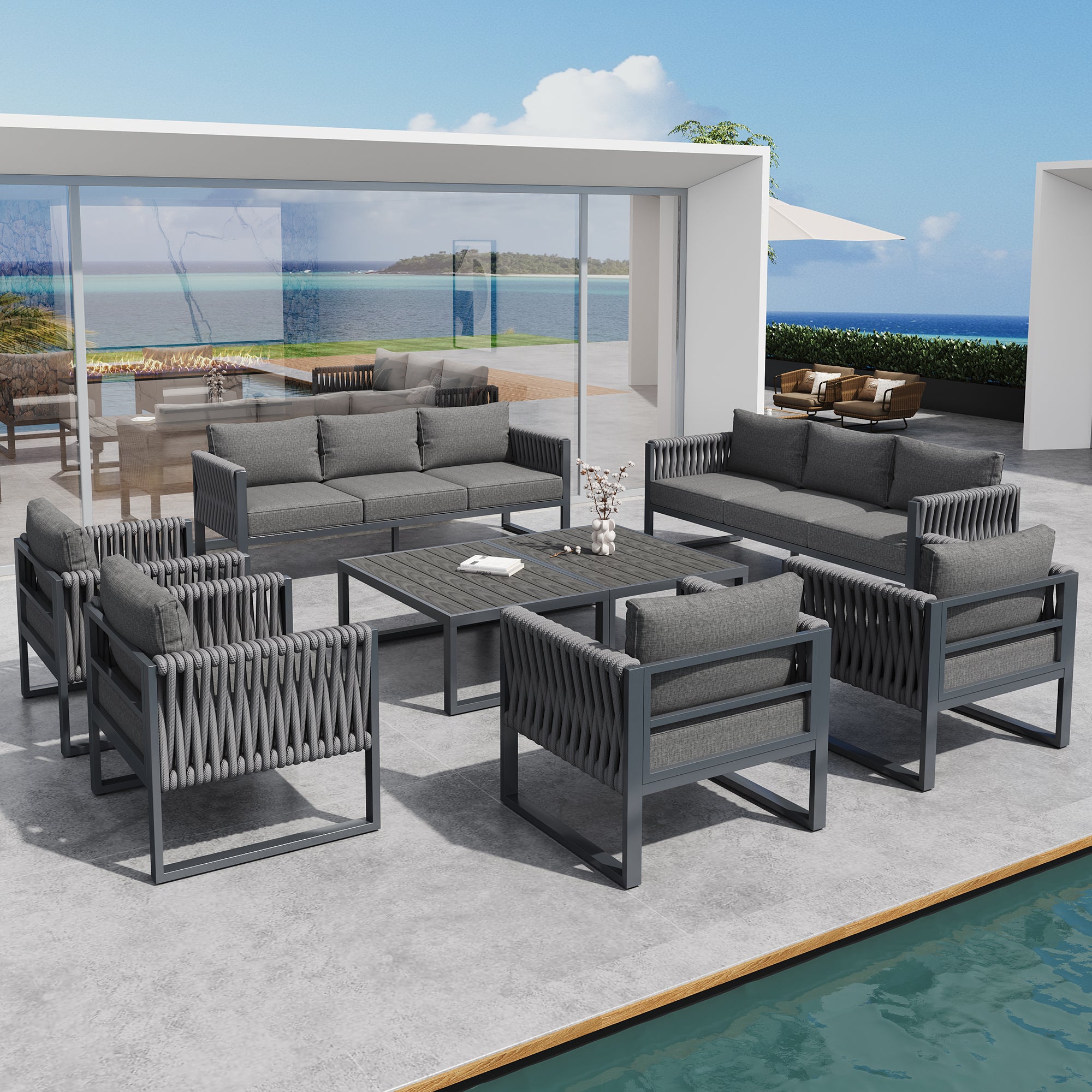 Garden Furniture Set Outdoor Sofa 5-Seater, Garden Lounge Set with Adjustable Feet, Cushions and Stainless Metal Frame for Balcony Terrace, Gray