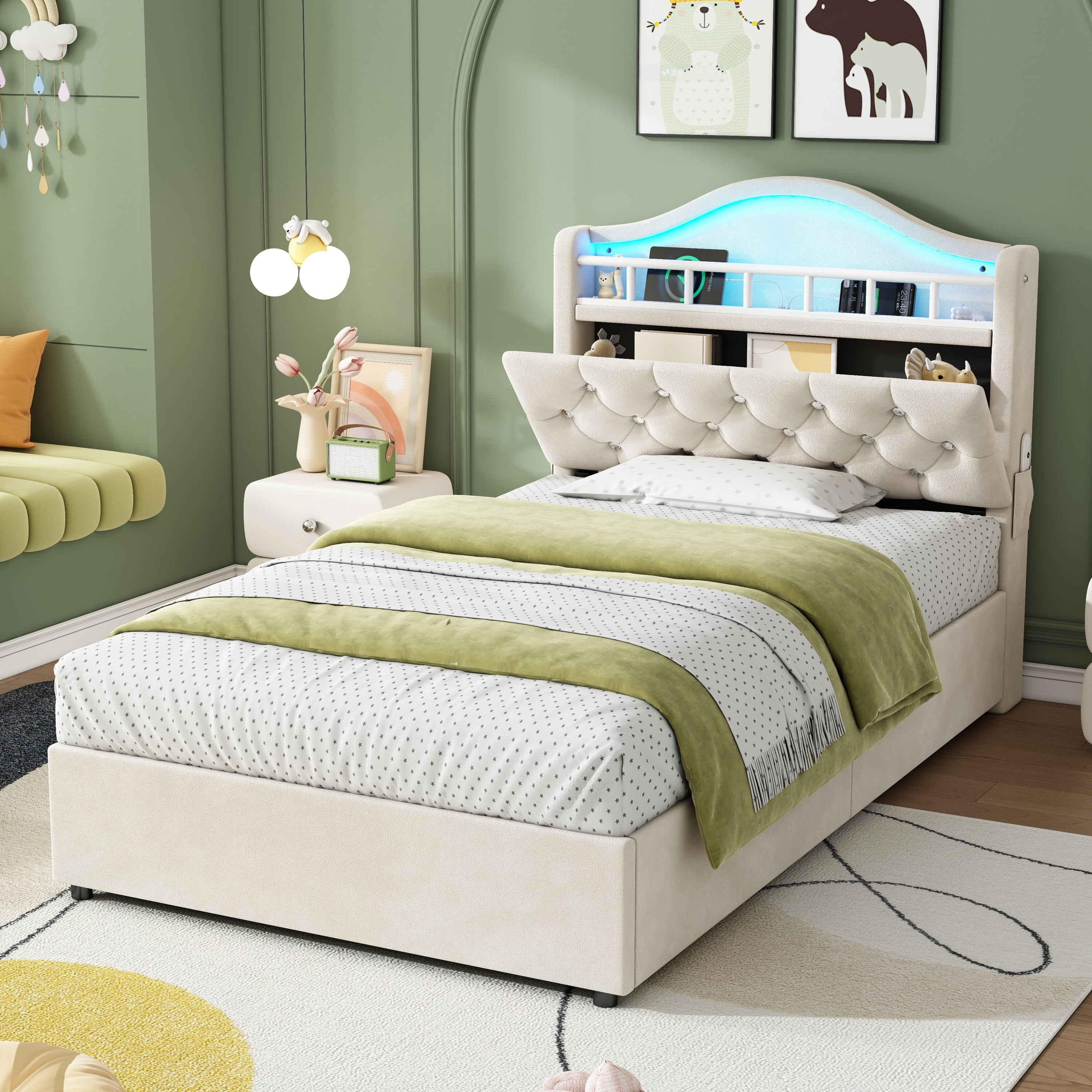 3ft Single Hydraulic Bed in Velvet, LED Bed Frame with Charging Station & Diamond Tufted Headboard, Multi-zone Storage, Solid & Stable Base,Beige (No Mattress)