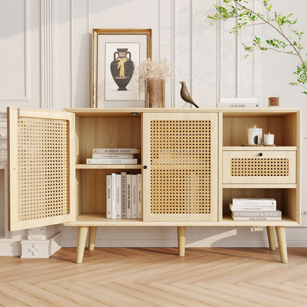 Modern simple sideboard 120*40*80cm, light-colored wooden woven door design, with drawers and unique legs, creating a warm and comfortable home atmosphere