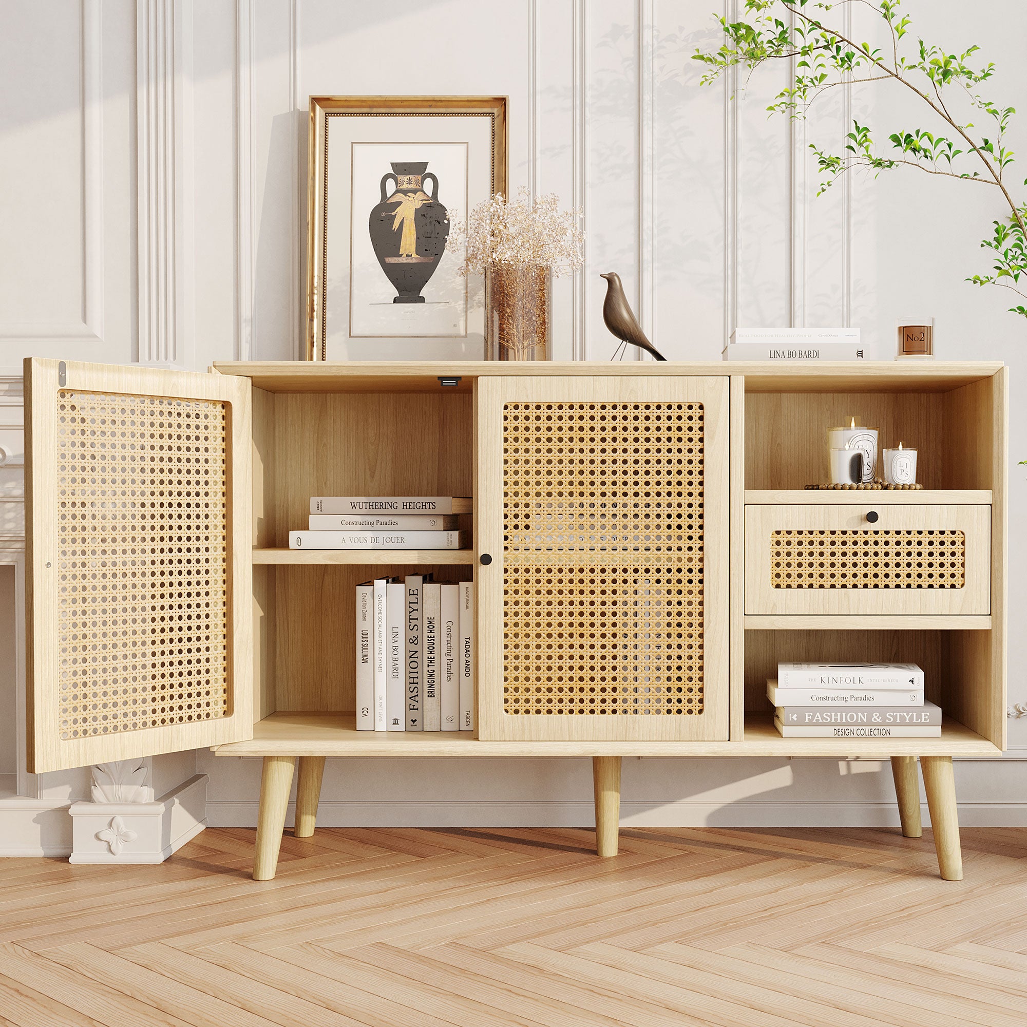 Modern simple sideboard 120*40*80cm, light-colored wooden woven door design, with drawers and unique legs, creating a warm and comfortable home atmosphere
