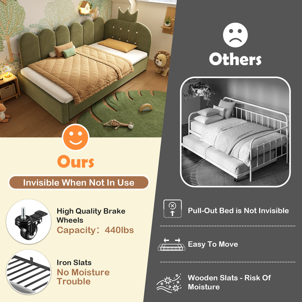 Upholstered Daybed with Pull-Out Bed, Crown-shaped Trundle Bed, 3FT Single Sofa Bed 90 x 190 cm, Guest Beds for Adults & Children, Bed with Metal Slatted Frame, Velvet, Green (No Mattress)