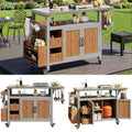 BBQ side table, mobile garden cabinet, weatherproof, stainless steel worktop, outdoor sideboard, serving trolley with pull-out side shelf, 3 hooks, shelf for snacks and spices, solid wood
