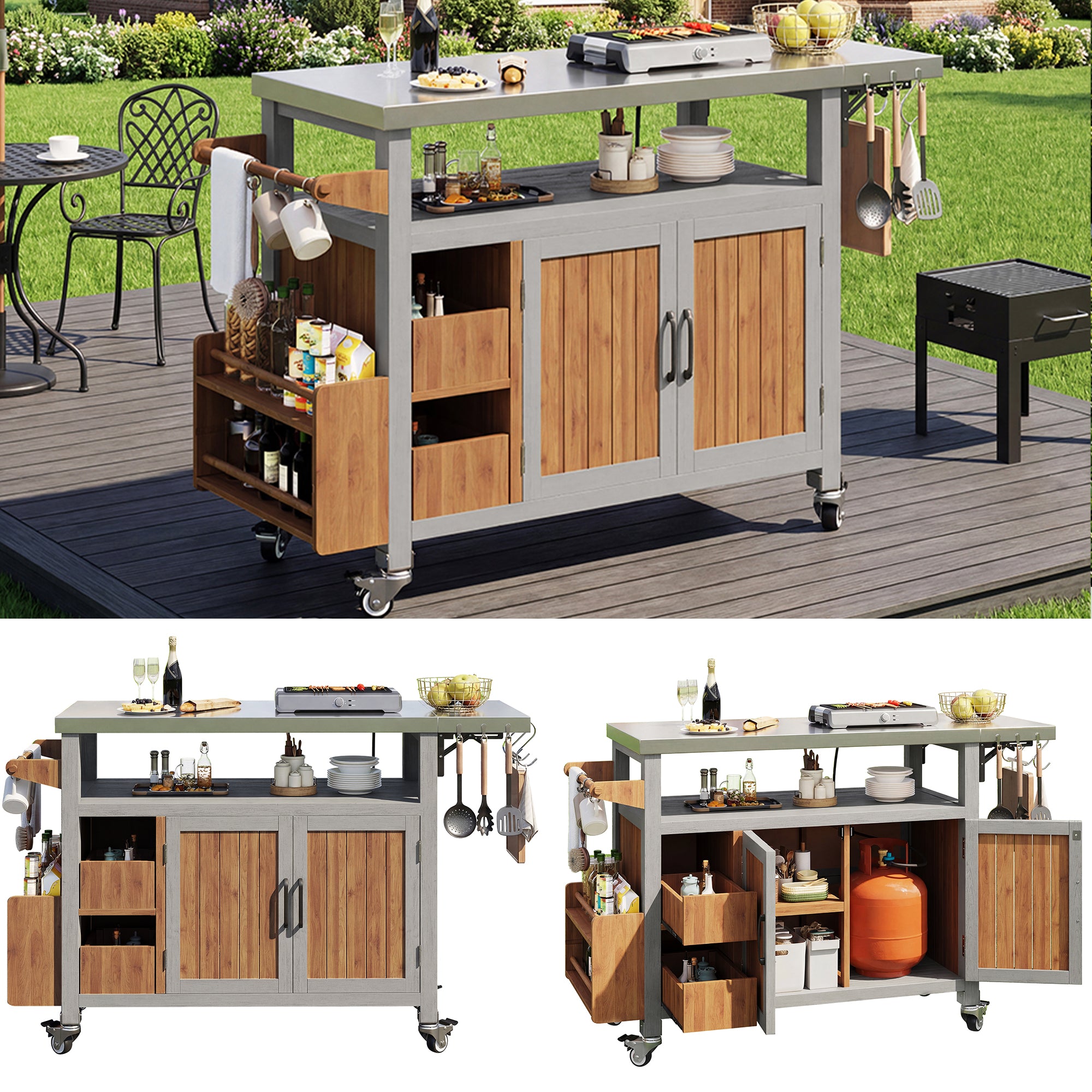 BBQ side table, mobile garden cabinet, weatherproof, stainless steel worktop, outdoor sideboard, serving trolley with pull-out side shelf, 3 hooks, shelf for snacks and spices, solid wood
