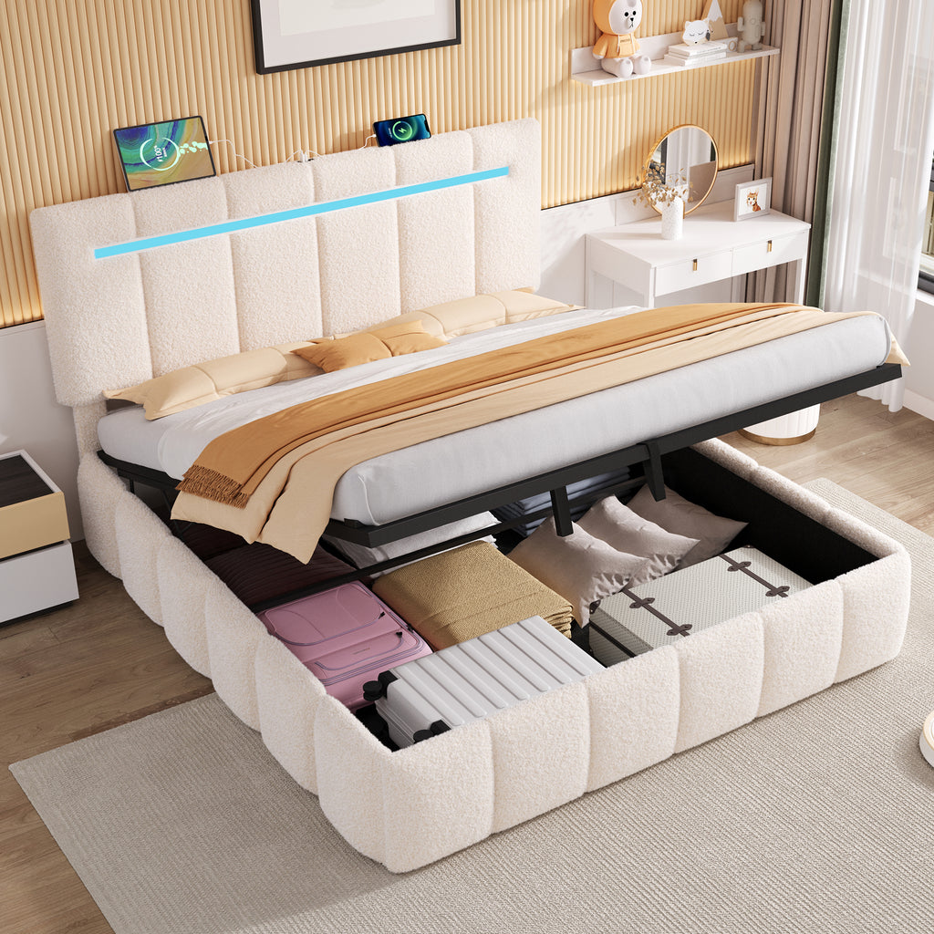 4ft6 Double Upholstered Bed Frame with Hydraulic Storage,  LED Channel Tufted Adjustable Headboard with Charging Station, USB and Type - C Ports, Boucle Fabric, Beige (No Mattress)