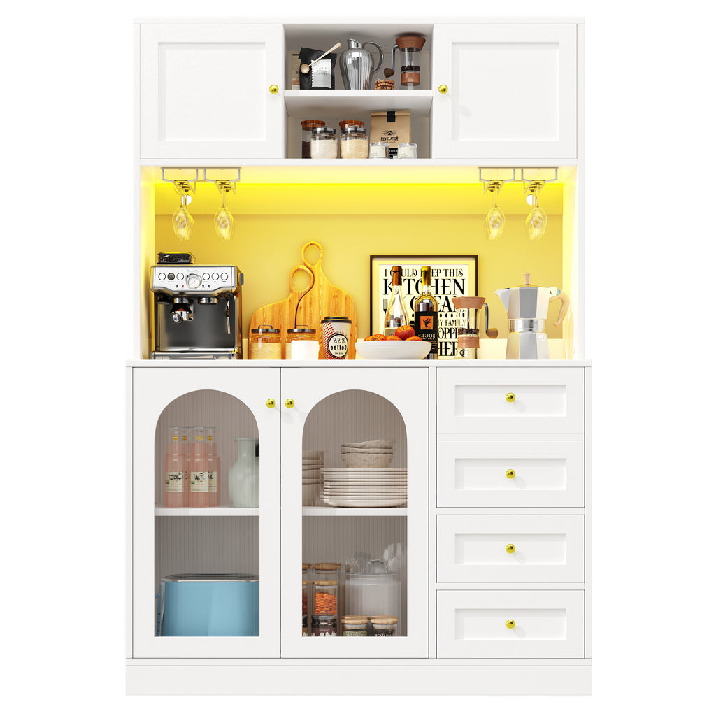 Sideboard / Storage Cabinet / Kitchen Cabinet / Buffet Cabinet, 120x40x188cm, Farmhouse Style, 4 Doors, with LED Light Strip & Drink Holders, Black/White (Fluted Glass Doors)