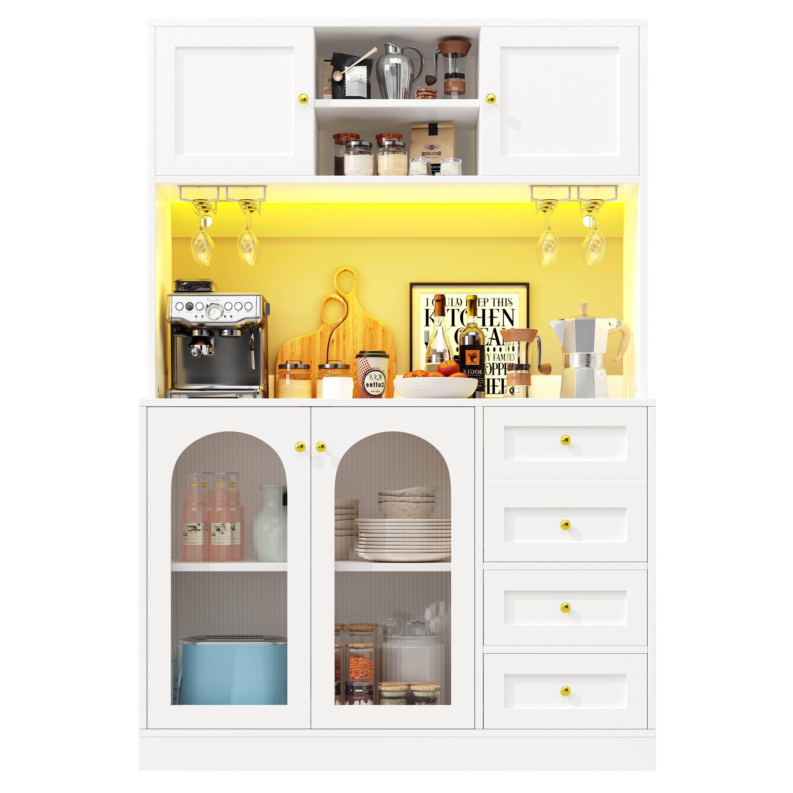 Sideboard / Storage Cabinet / Kitchen Cabinet / Buffet Cabinet, 120x40x188cm, Farmhouse Style, 4 Doors, with LED Light Strip & Drink Holders, Black/White (Fluted Glass Doors)