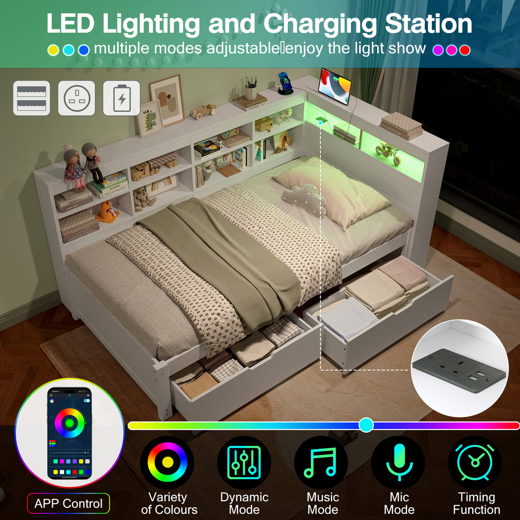 3ft Single Daybed with Two Storage Drawers and Beside Storage, LED Modern Bed frame with Charging Station, Wood Bed for Living Room/ Bedroom/ Study Room, 90X190cm, Easy Assembly, White (No Mattress)