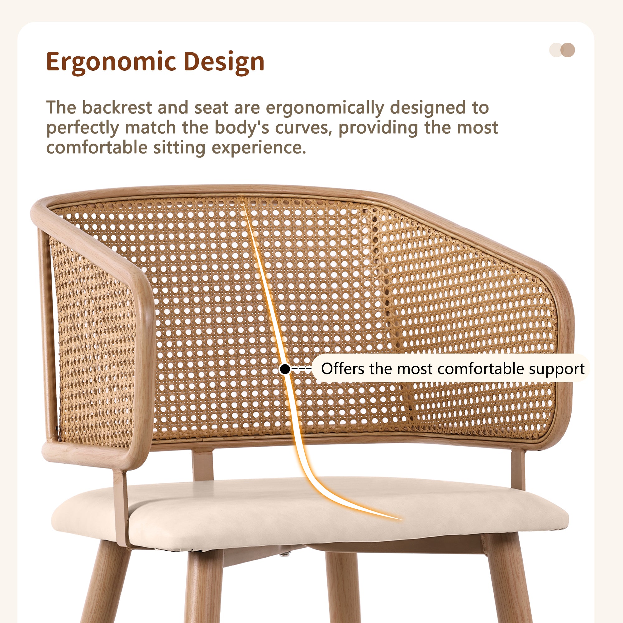 Modern Dining Chairs (6 pcs) with Rattan Backrest & PU Leather Seat, Breathable and Comfortable Dining Chairs for Restaurant, Living Room, Café , Contemporary Simple Style, Beige