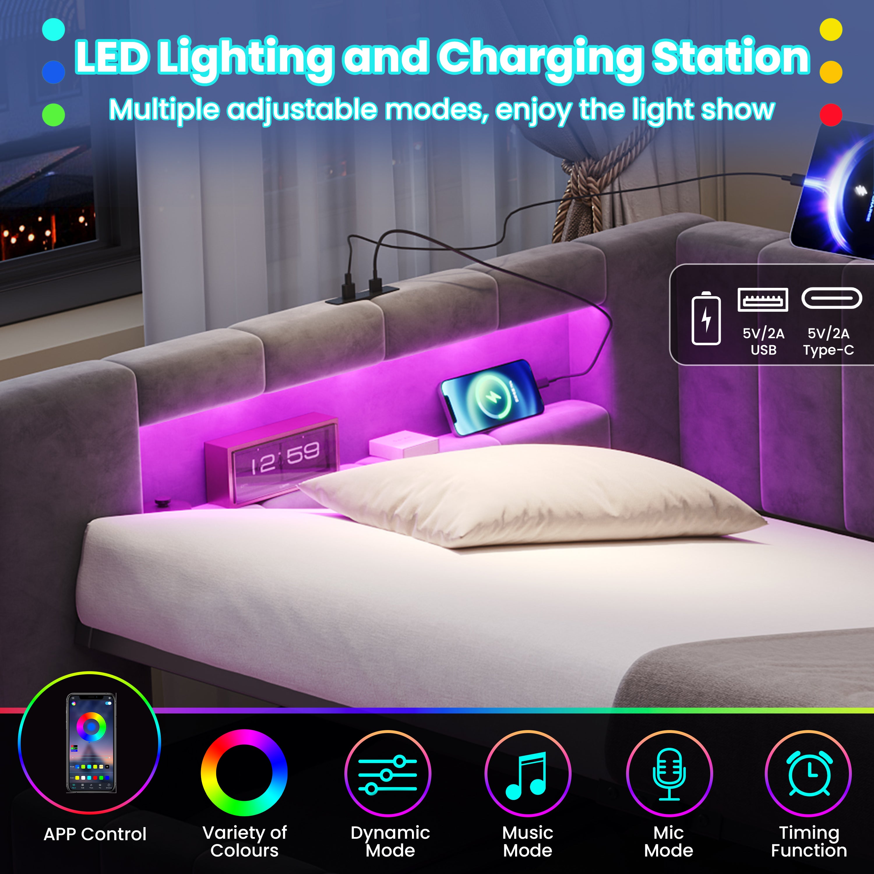 3ft Single Velvet Side Hydraulic Storage Bed with Smart RGB LED Lights & Charging Station, Side Opening Ottoman Bed Frame with Type-C & USB Ports, Channel Tufted, Grey(No Mattress)
