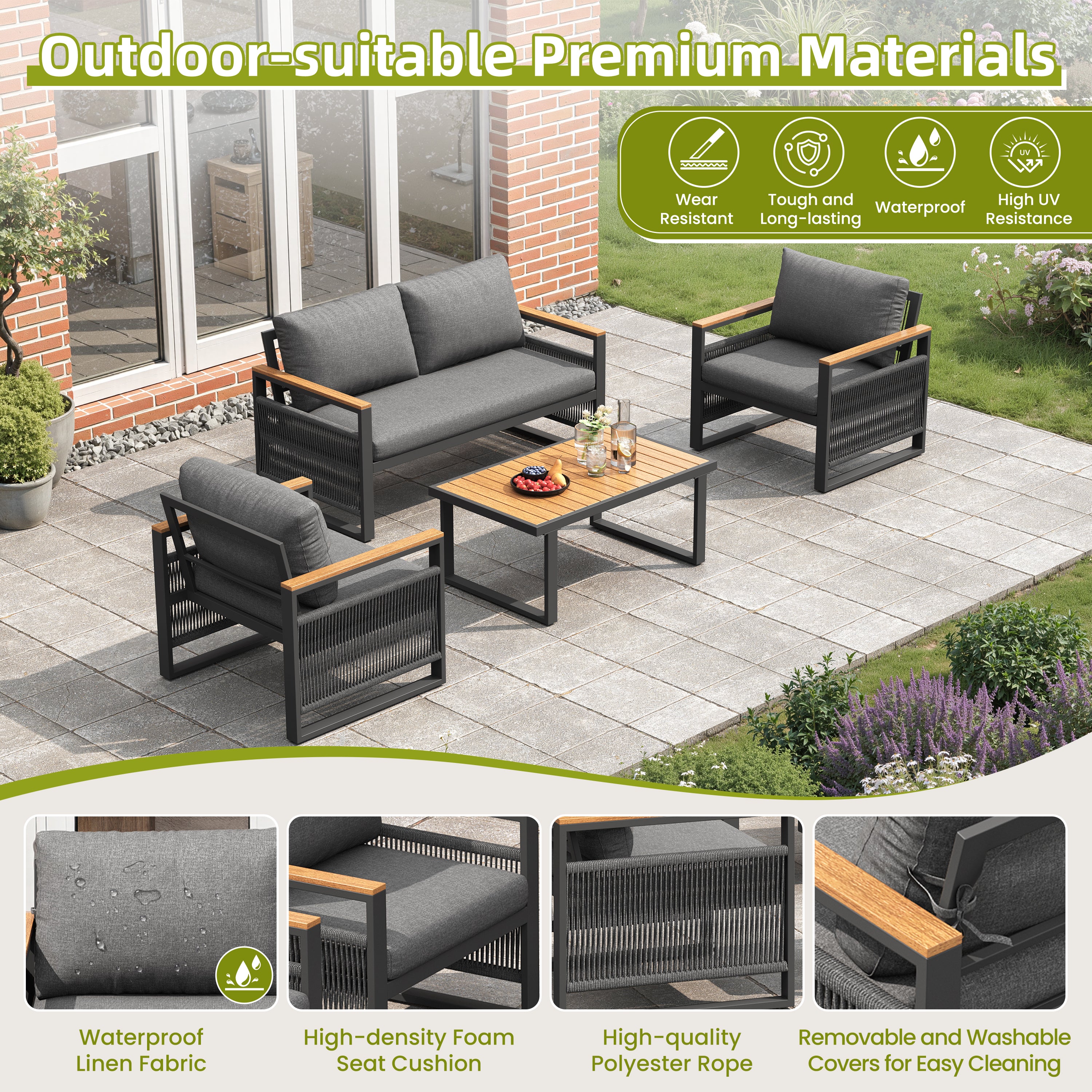 4 Seater Garden Set with Plastic Wood Coffee Table & Handrail, Polyester Rope Outdoor Set with Sofa and Armchairs, Weatherproof Outdoor Patio Sofa for Balcony and Terrace, Linen, Grey