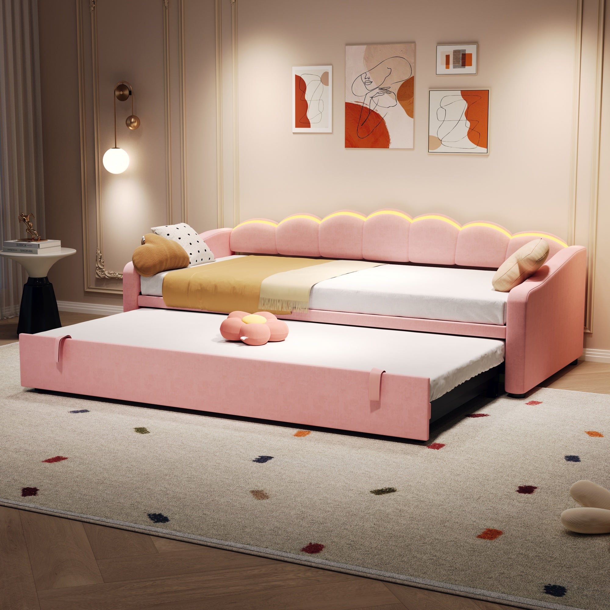 Upholstered Bed 90x190cm, Daybed, Sofa Bed with RGB LED Lighting, 3ft Petal Shape Single Bed with Trundle,Pull out Trundle Bed for Living Room/ Bedroom/ Study Room, Velvet, Pink (No Mattress)