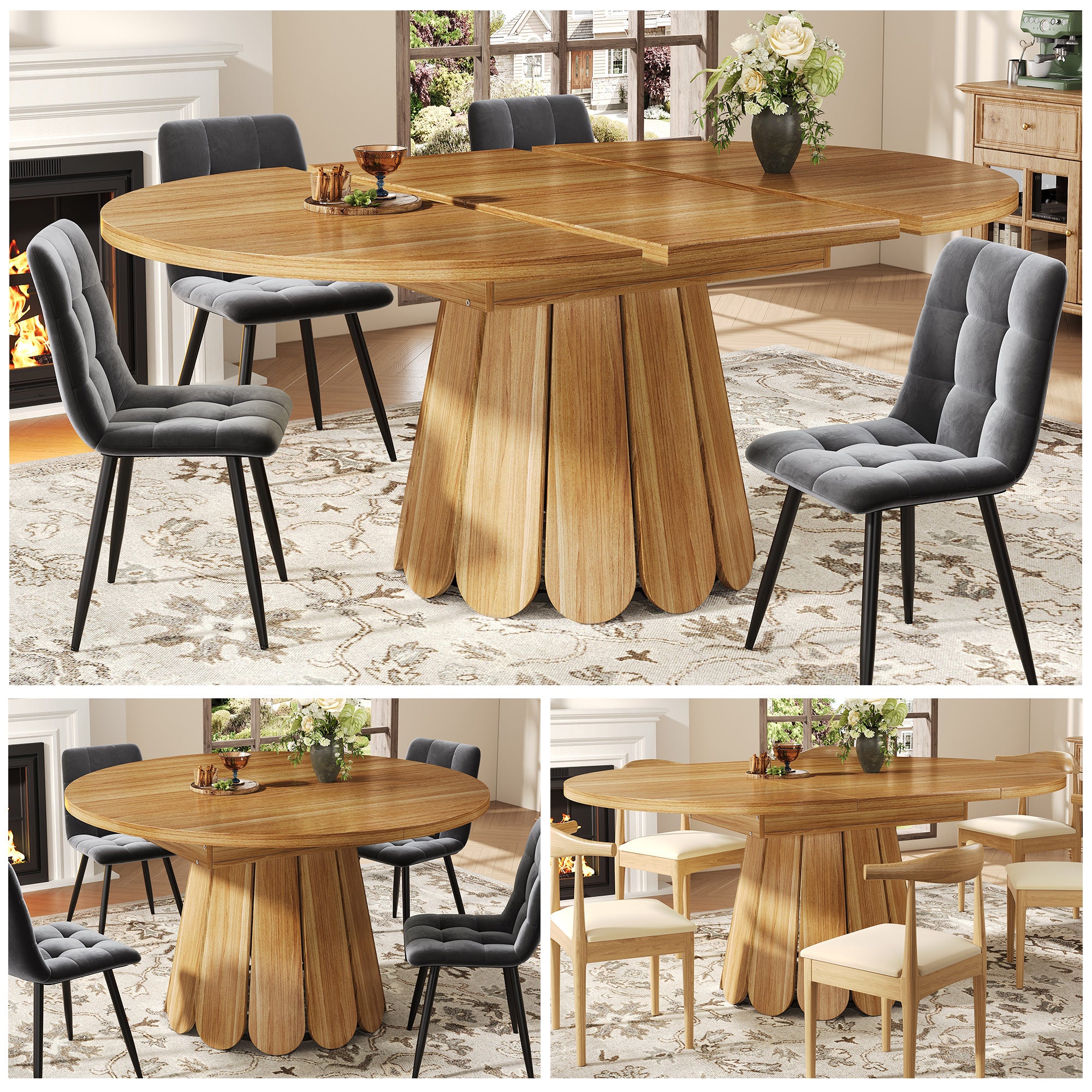 Extendable dining table, dining room table, kitchen table, balcony table, wooden dining table Round dining table, extends to oval, 118–158 cm, seats up to 6 people, wood