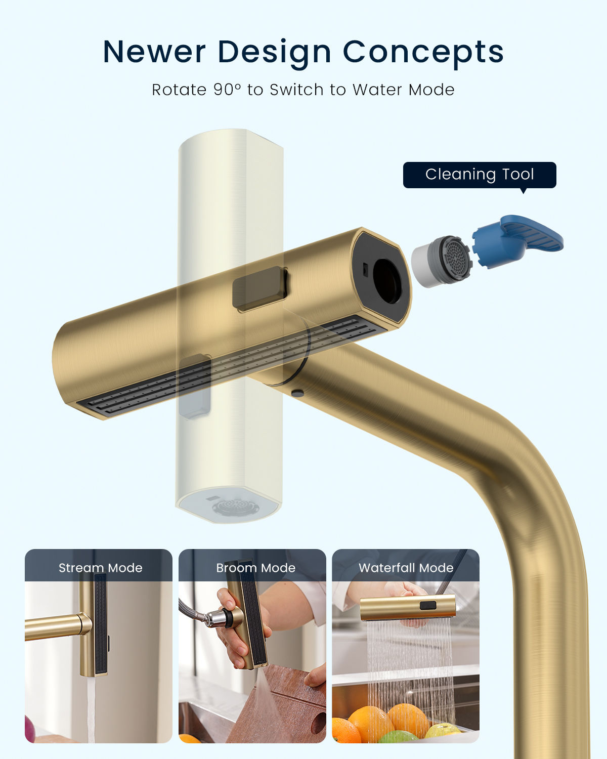 Brushed Gold Waterfall Pull-Out Kitchen Mixer Tap