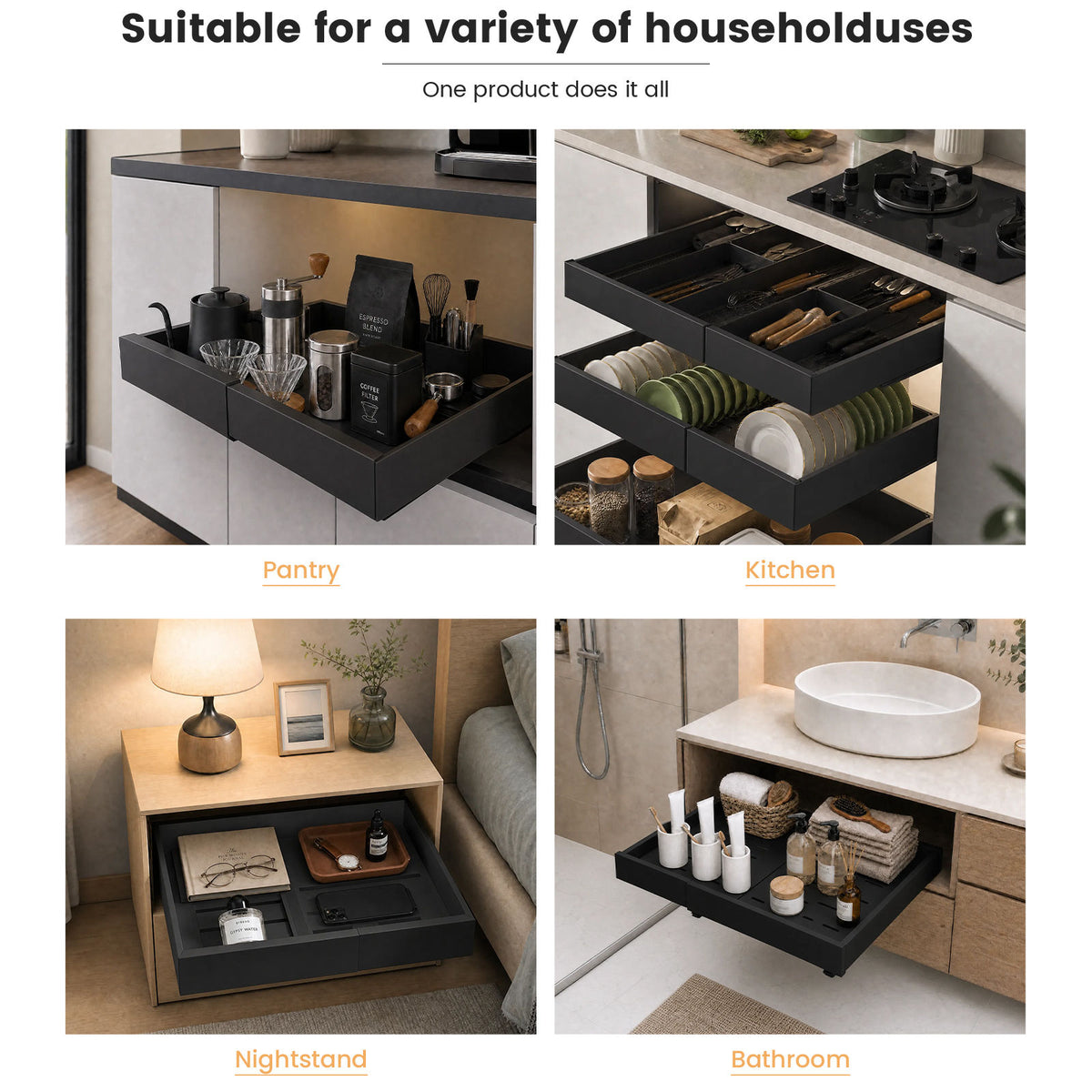 Matte Black Pull-Out Cabinet Organiser Set - 53cm, 2 Pieces