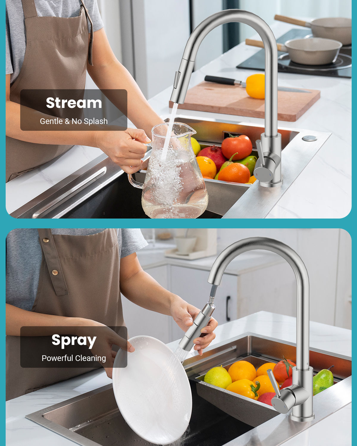 Brushed Stainless Pull-Out Kitchen Mixer Tap - 2 Spray Modes