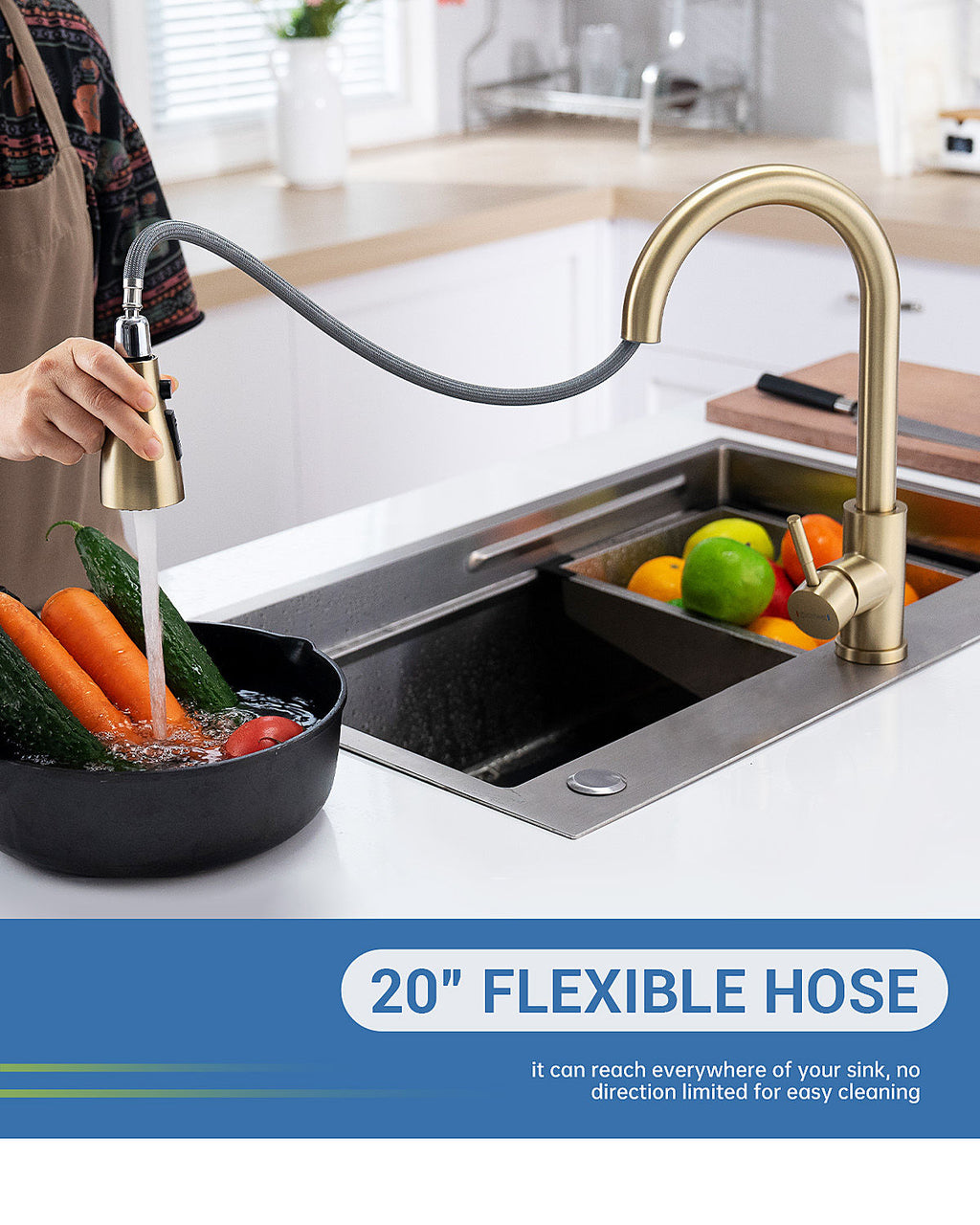 Brushed Gold Pull-Out Kitchen Mixer Tap - 3 Spray Modes