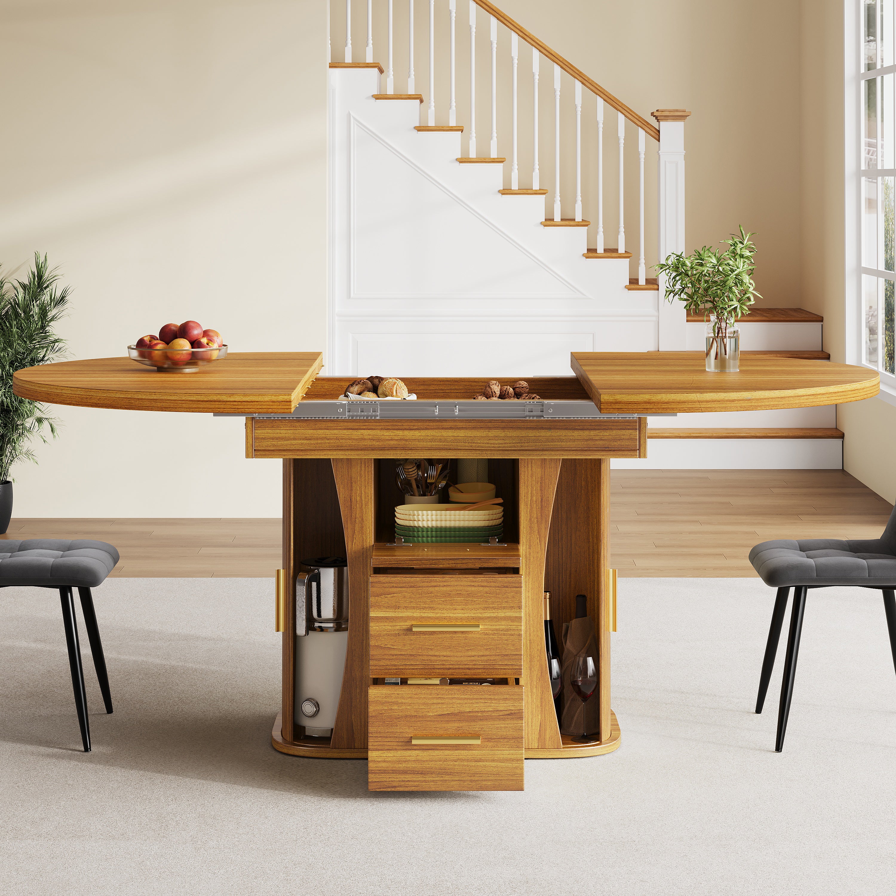 Extendable dining table, dining room table, kitchen table, round dining table, extends to oval, 118-158 cm, seats up to 6 people, three-tier storage, walnut