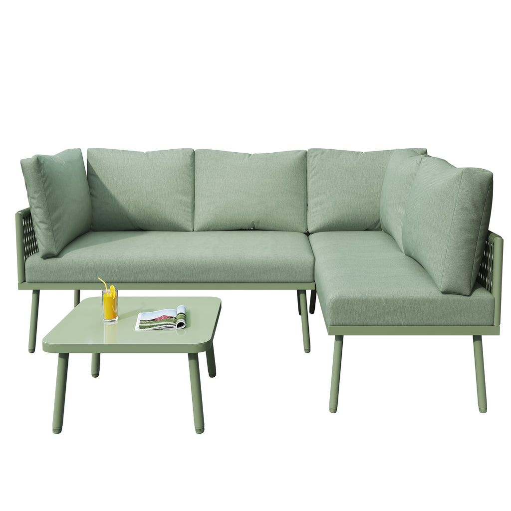 Outdoor Patio&Backyard Furniture Garden Lounge Set for 4-5 people, Thick Quality Space Saving L-Shaped Corner Sofa with Glass Coffee Table, Green