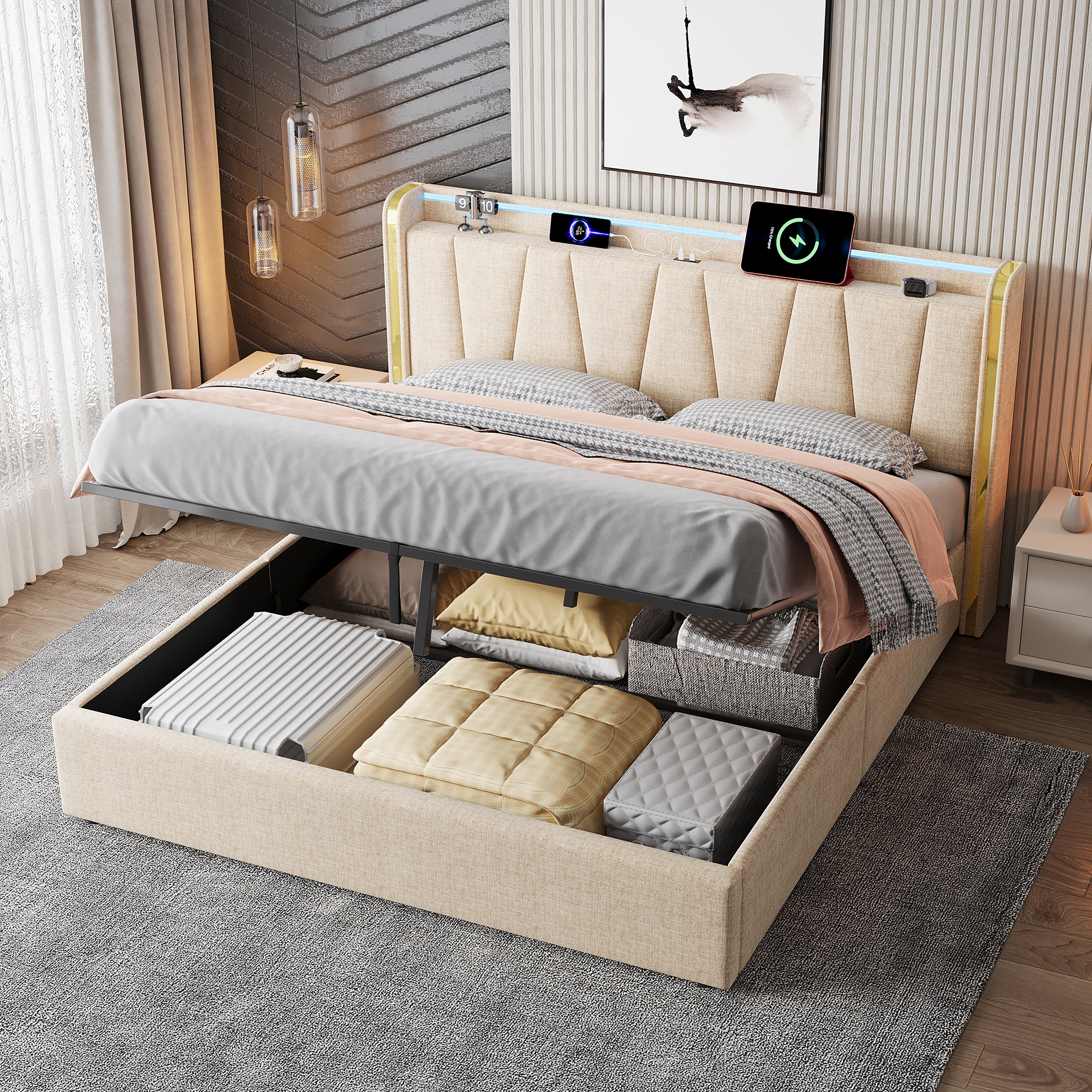 5ft King Upholstered Bed Frame with Hydraulic Storage, LED Headboard with Charging Station and Chrome Trim, USB and Type-C Ports, Linen, No Box Spring Needed, Beige (No Mattress)