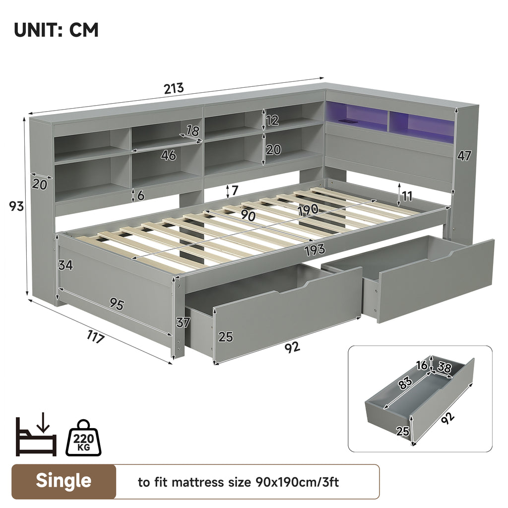 3ft Single Daybed with Two Storage Drawers and Beside Storage, LED Modern Bed frame with Charging Station, Wood Bed for Living Room/ Bedroom/ Study Room, 90X190cm, Easy Assembly, Grey (No Mattress)