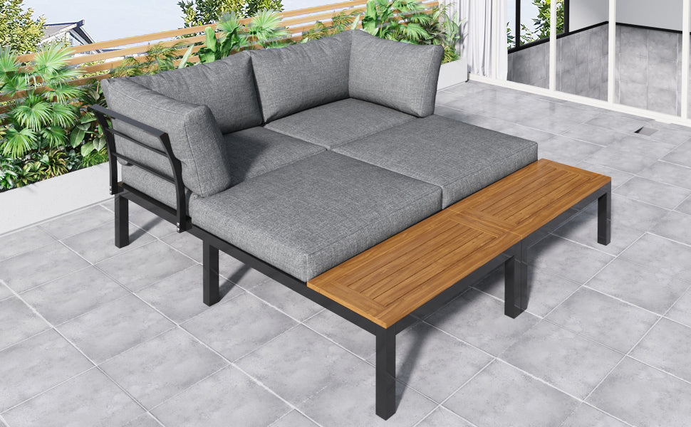 Outdoor Patio&Backyard Furniture Garden Lounge Set for 4 people, Space Saving Thick Quality L-Shaped Corner Sofa with Wooden Table, Grey