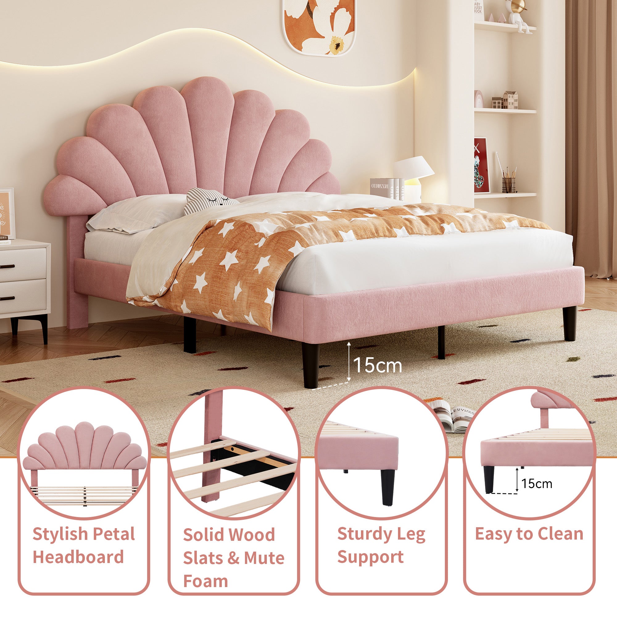 4ft6 Double Upholstered Velvet Bed Frame, with Adjustable Chic Petal Headboard, Velvet Platform Bed Frame with Solid Wood Slat, No Box Spring Needed, Easy Assembly, Pink