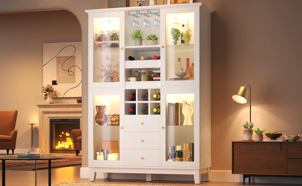 Wine Cabinet with App-Controlled LED Lights, 180.5cm Tall Storage Cabinet with Glass Doors, 3 Drawers, Wine Rack & Glass Holder, White