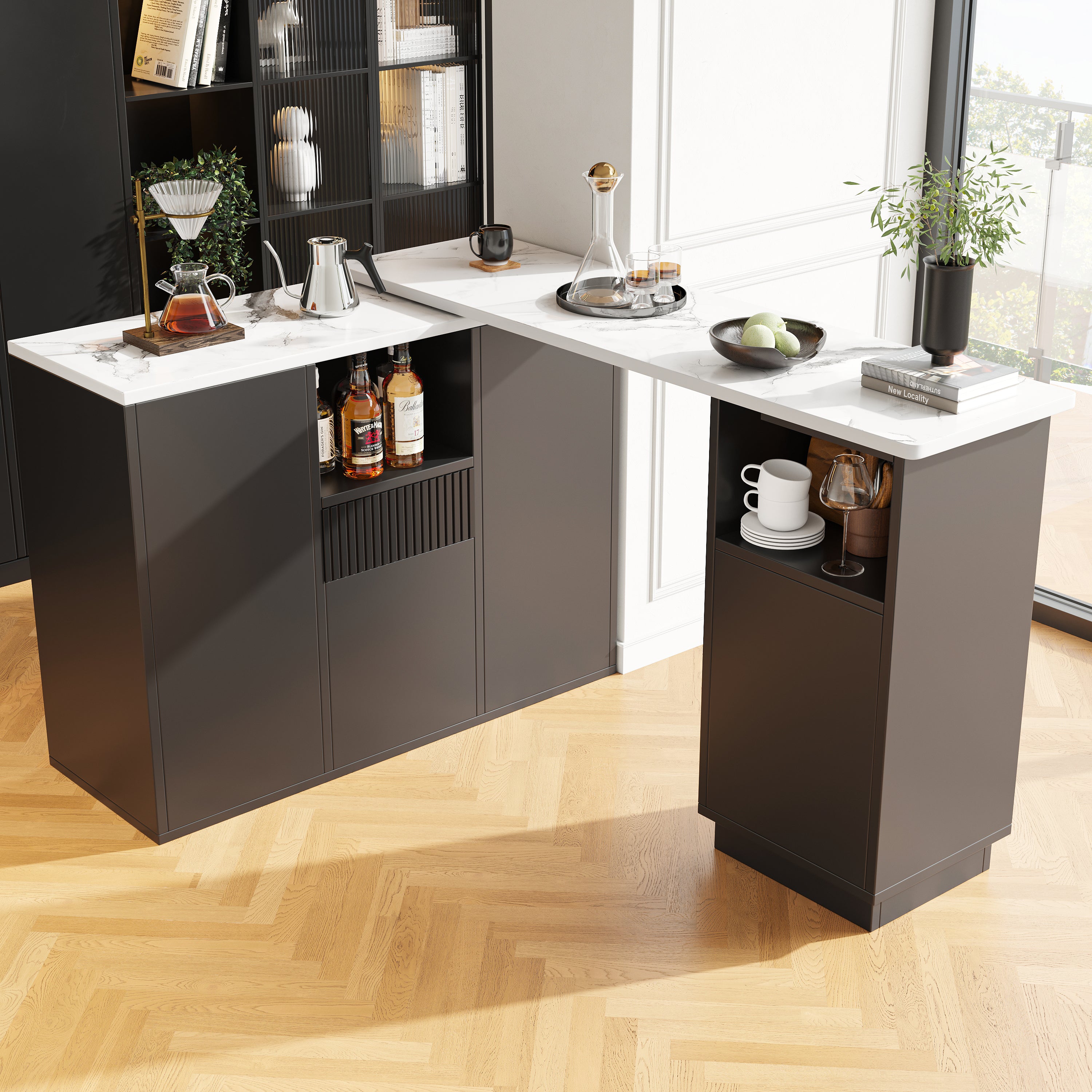 360° swivelling bar table (main body 198.5 x 30 x 75 cm), modern and sleek design, with open storage space and marble worktop, suitable for kitchen, living room and dining room, black
