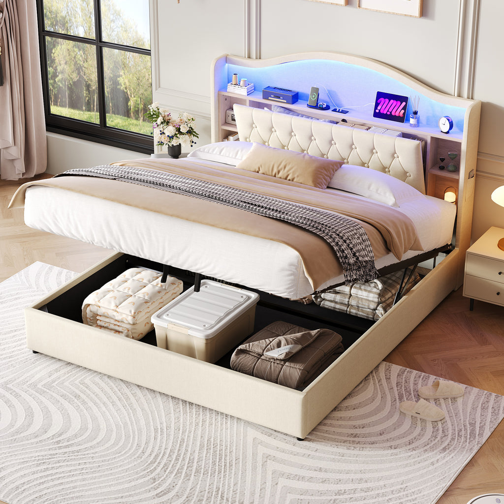 5ft King Upholstered Bed Frame with Hydraulic Storage, LED Curved Button Tufted Headboard with Charging Station and Concealed Headboard Storage, USB and Type - C Ports, Linen, Beige (No Mattress)