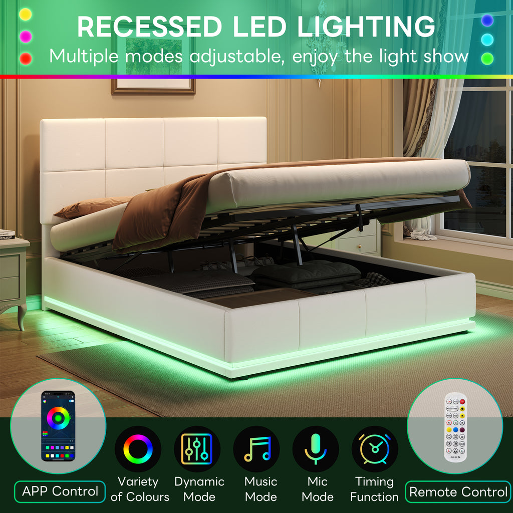 Ottoman Double Bed with LED Lighting, PU Leather Upholstered Bed with Hydraulic Storage, 4ft6 Double Bed Frame with Adjustable Square Tufted Headboard, Cream White (No Mattress)