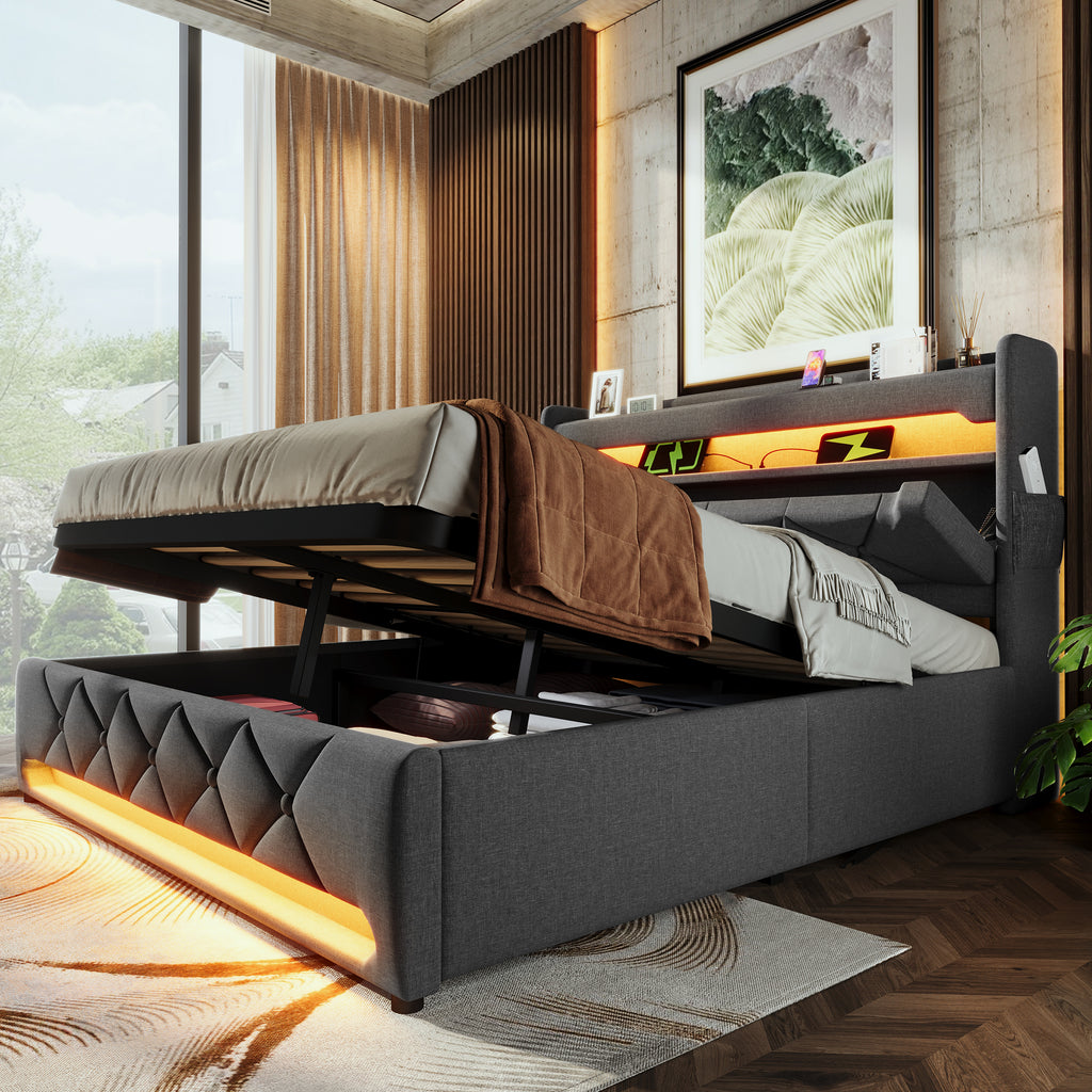 Upholstered Bed 180 x 200 cm with LED Lighting, USB Type-C Charging, Storage Headboard for Cellphones and Tablets, 6ft Hydraulic Storage Bed with Metal Slatted Frame, Linen, Grey (No Mattress)
