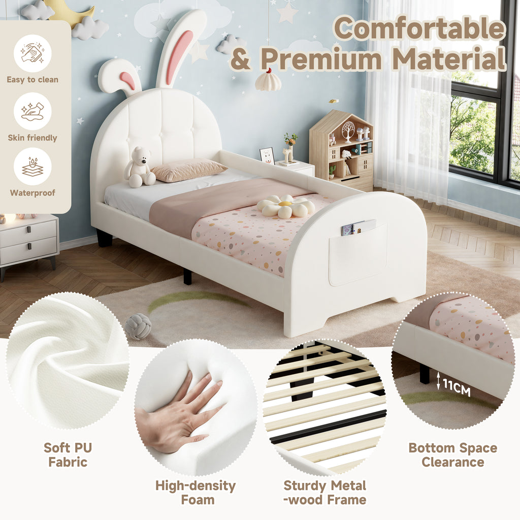 3ft Single Rabbit-Shaped Upholstered Bed Frame, Bunny Ear Headboard & Footboard Storage Pocket, Soft PU Leather Single Bed with Sturdy Metal-Wood Frame, Cream White (No Mattress)