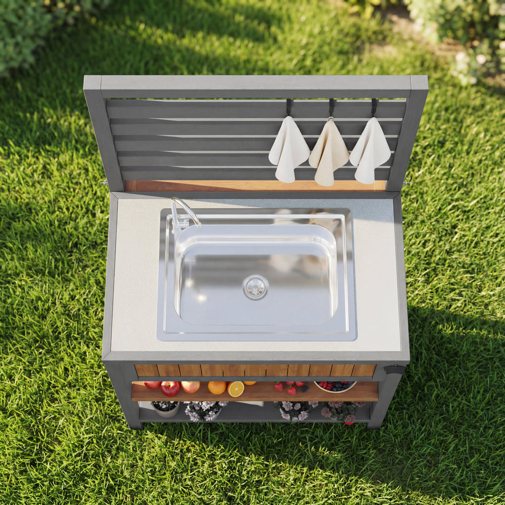 Garden cabinet with water basin & tap and integrated bottle opener – weatherproof tool cabinet with large work surface & drawer, grill station with adjustable shelves, outdoor kitchen cabinet