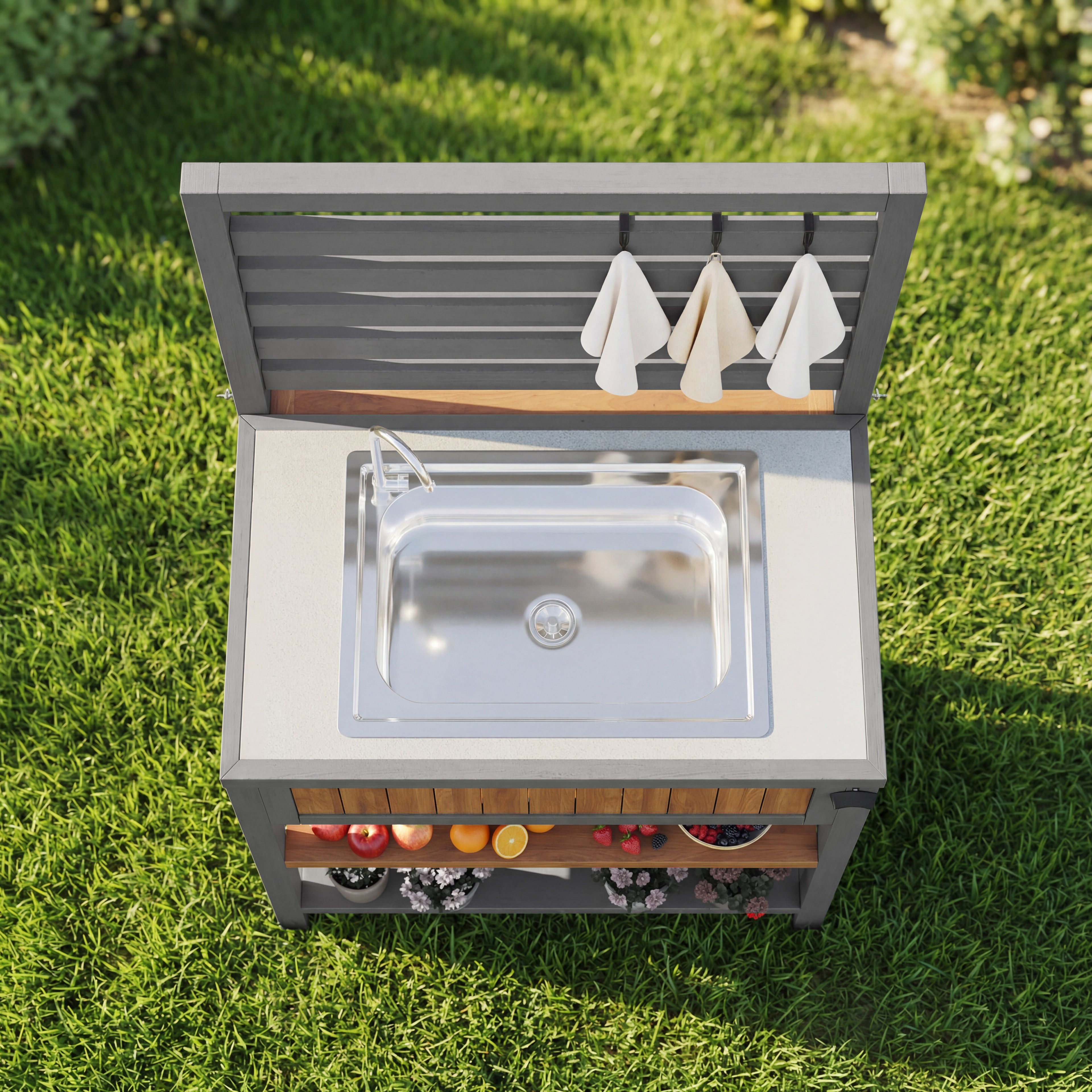 Garden cabinet with water basin & tap and integrated bottle opener – weatherproof tool cabinet with large work surface & drawer, grill station with adjustable shelves, outdoor kitchen cabinet