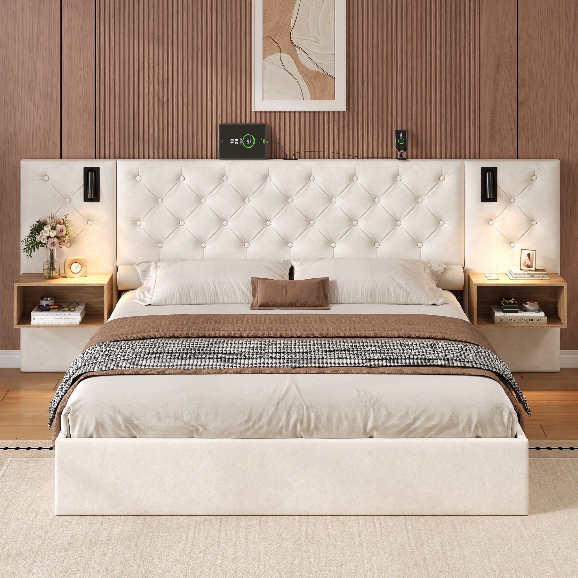 King Upholstered Bed with Charging Station, Velvet Hydraulic Storage Bed with Reading Light, 5ft King Bed Frame with Handmade Button Tufted Wide Headboard and Bedside Storage, Beige (No Mattress)