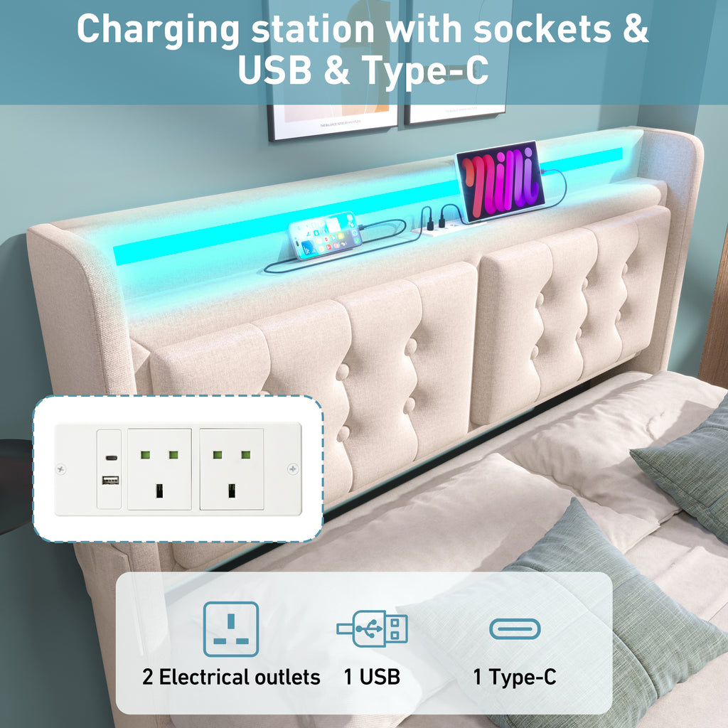 Upholstered Double Bed, 4FT6 Hydraulic Bed with LED Lighting, USB Type-C Charging, Headboard for Cellphones & Tablets, 135 x 190 cm, Linen, Beige (No Mattress)
