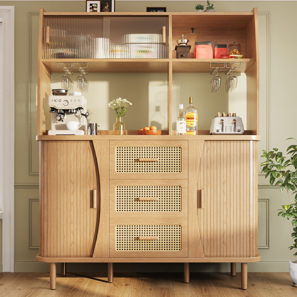 High-quality sideboard with rattan look and glass sliding doors, 174.5 cm high kitchen cabinet with storage space, natural wood/walnut look