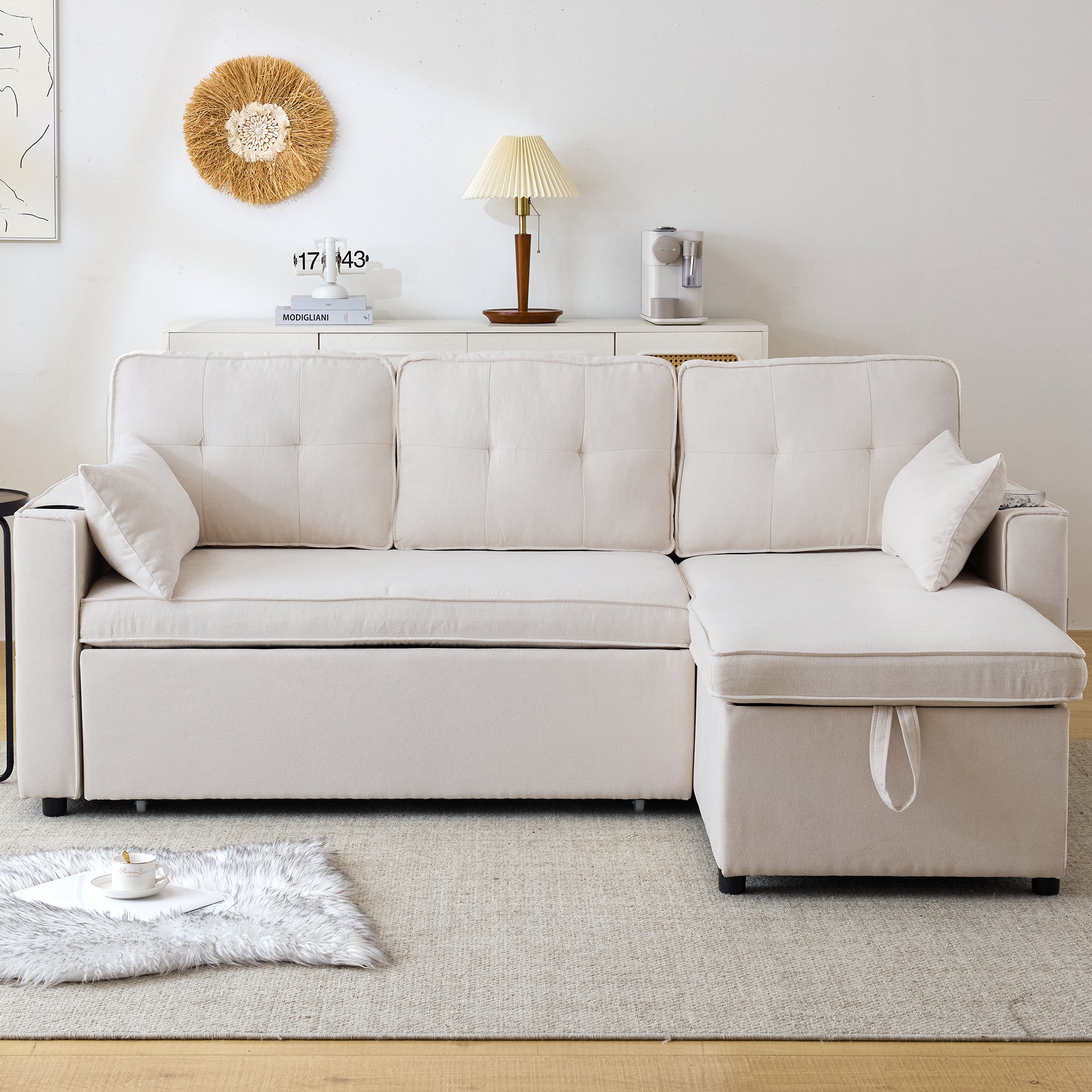 3-in-1 Convertible Sofa Bed with Internal Storage Chaise, L Shaped Sleeper Sofa Couches with Cup Holders, Pillows and Storage Pocket. Pullout Sectional Daybed for Living Room/Bedroom/Office, Beige