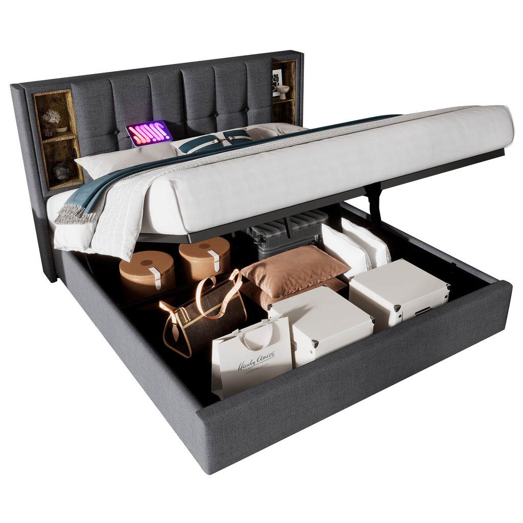 4ft6 Double Bed Frame Upholstered Bed 135 x 190 cm with Wireless Charging (USB Type-C), Hydraulic Bed with Large Storage Space, Linen Fabric, Grey(No Mattress)