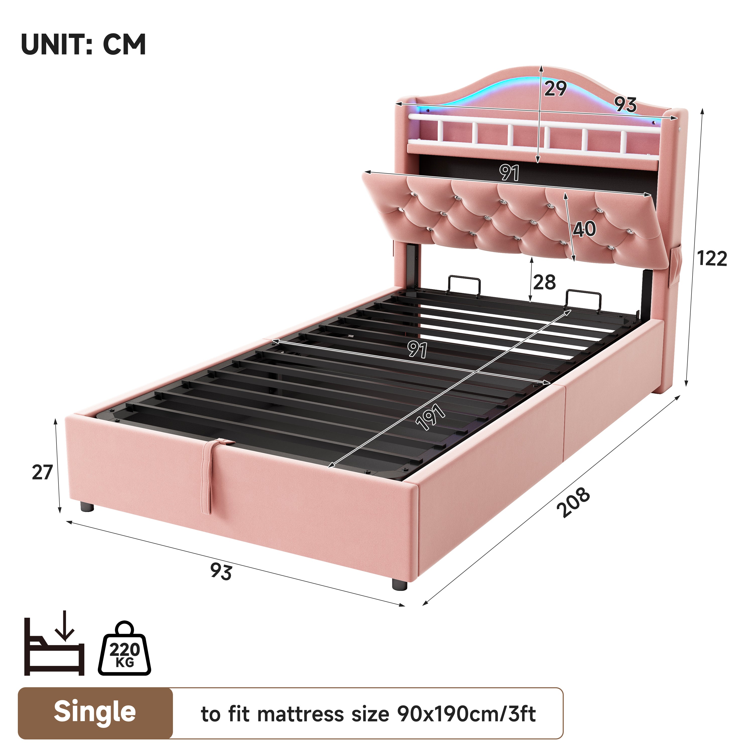 3ft Single Hydraulic Bed in Velvet, LED Bed Frame with Charging Station & Diamond Tufted Headboard, Multi-zone Storage, Solid & Stable Base, Pink (No Mattress)